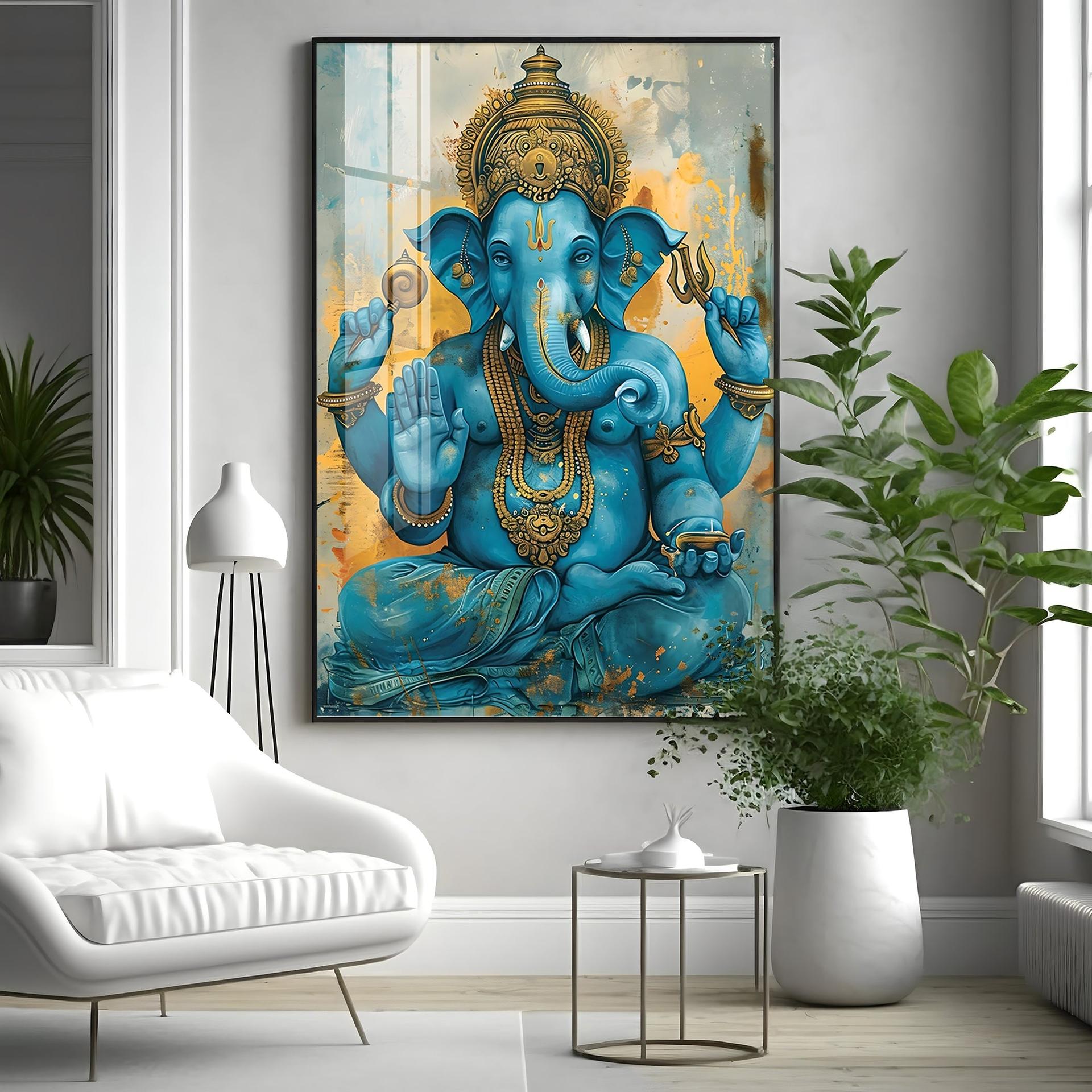 Majestic Blue Ganesha Premium Vertical Acrylic Wall Art - Image 3