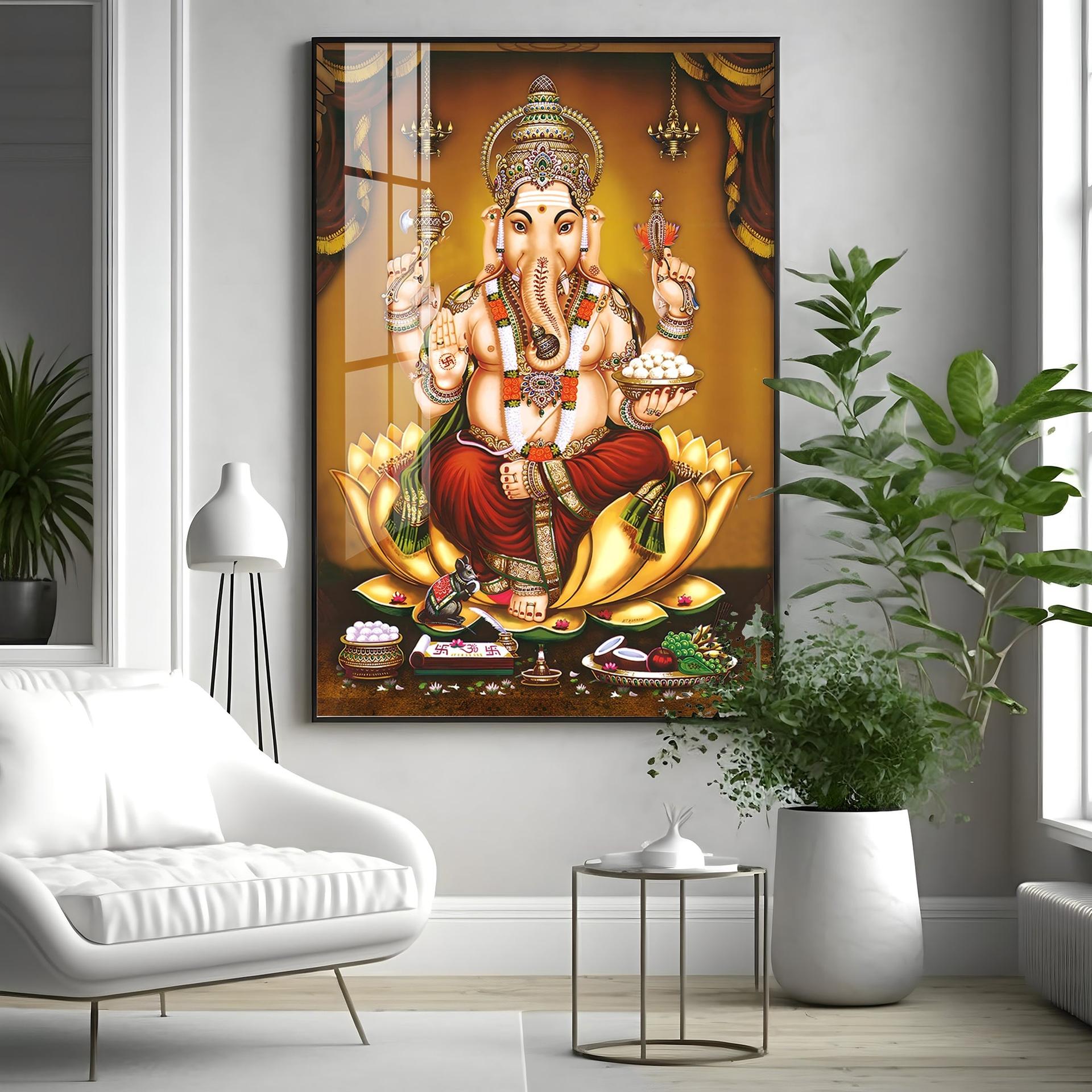 Lord Ganesha On Gold Lotus Premium Vertical Acrylic Wall Art - Image 12