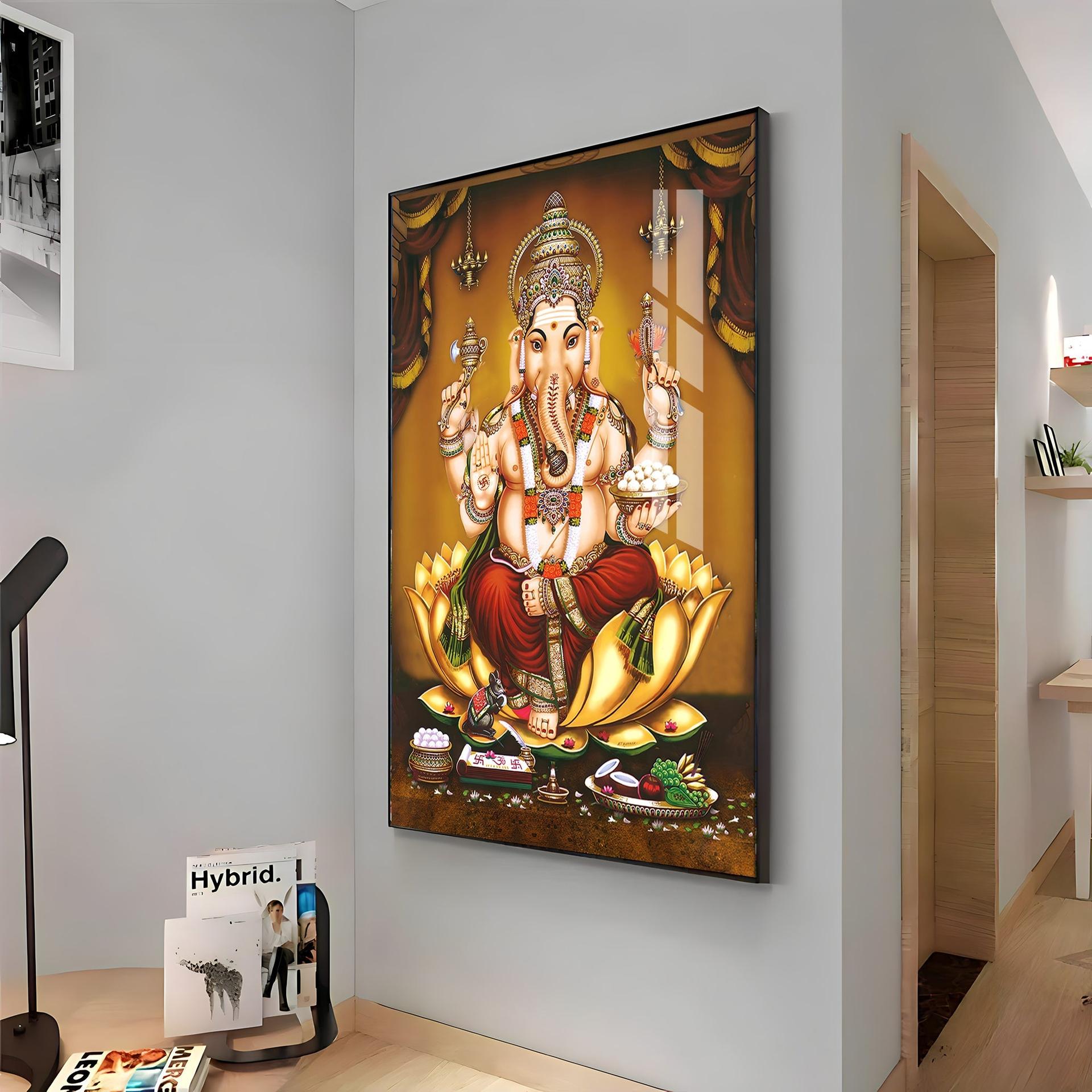 Lord Ganesha On Gold Lotus Premium Vertical Acrylic Wall Art - Image 16