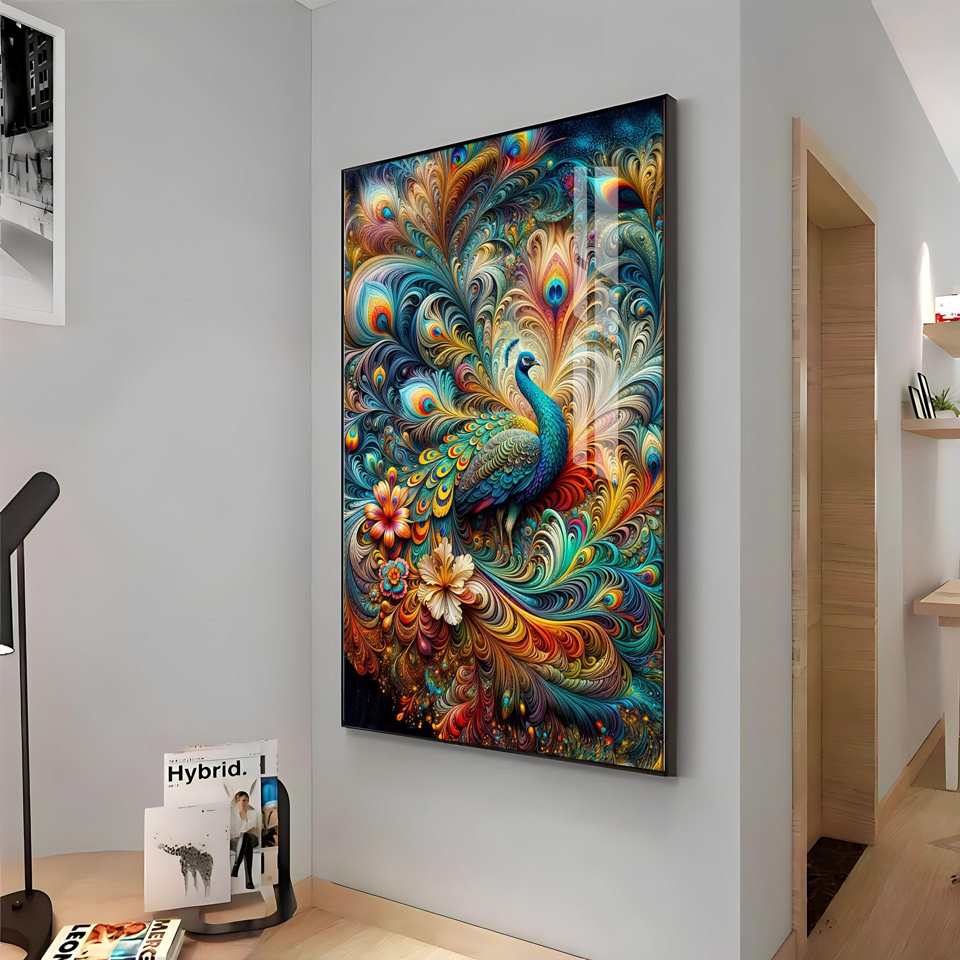 Chromatic Peacock Elegance Luxury Crystal Vertical Wall Art - Image 10
