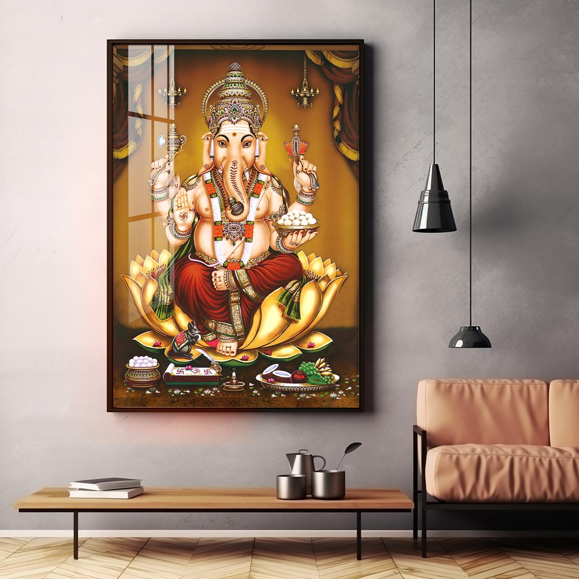 Lord Ganesha On Gold Lotus Premium Vertical Acrylic Wall Art - Image 18