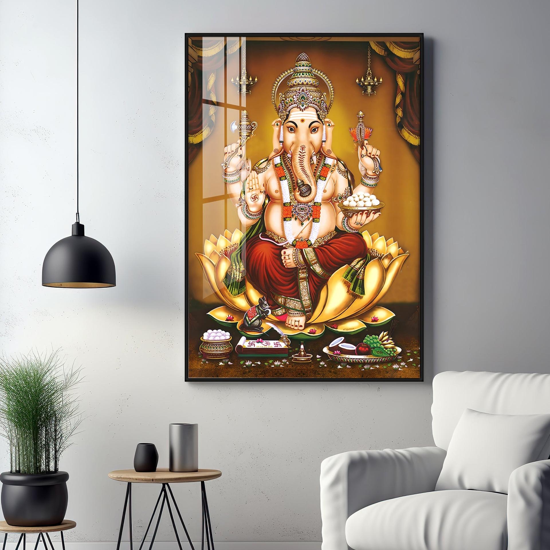 Lord Ganesha On Gold Lotus Premium Vertical Acrylic Wall Art - Image 14