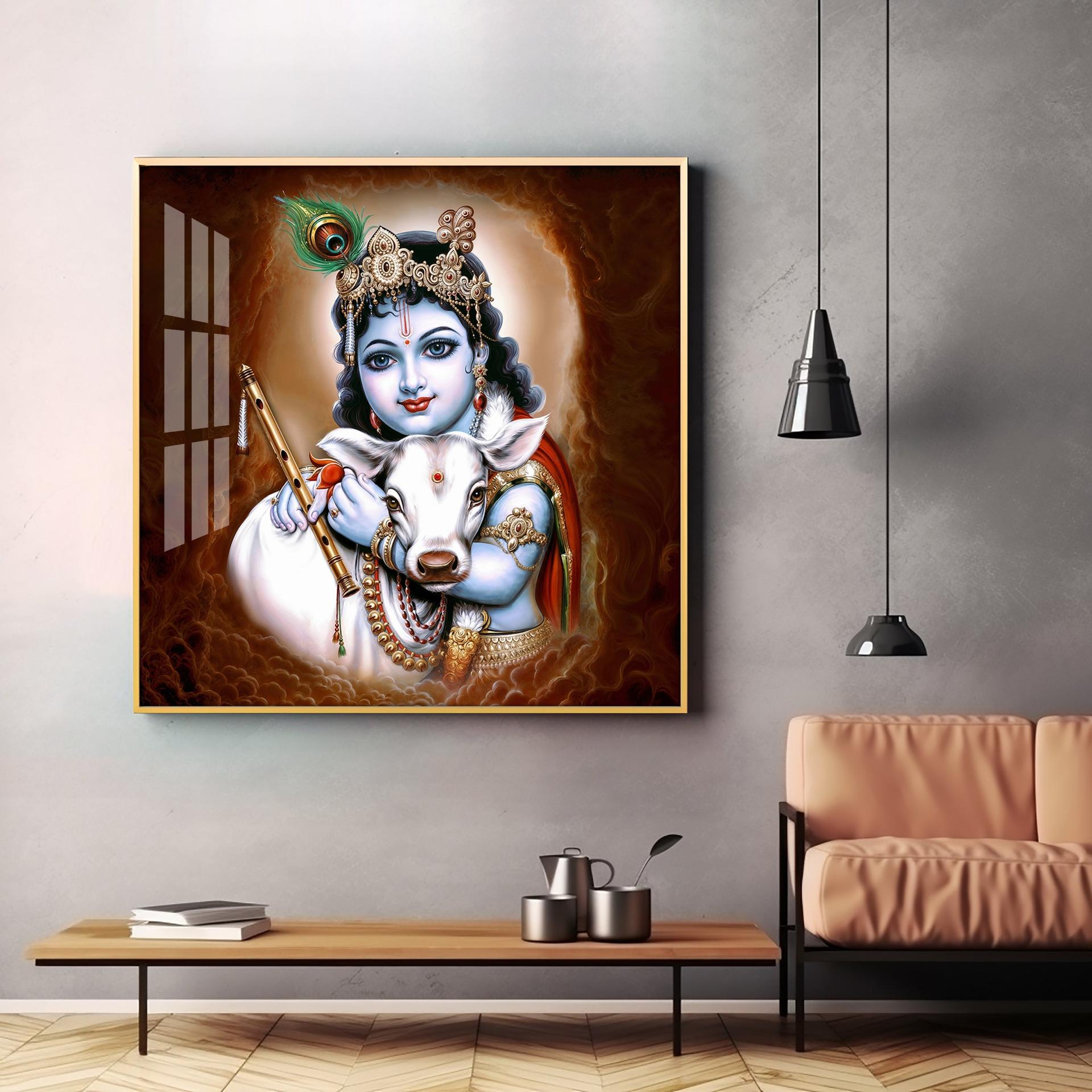 Krishna With Bansuri & Cow Premium Acrylic Horizontal Wall Art - Image 3
