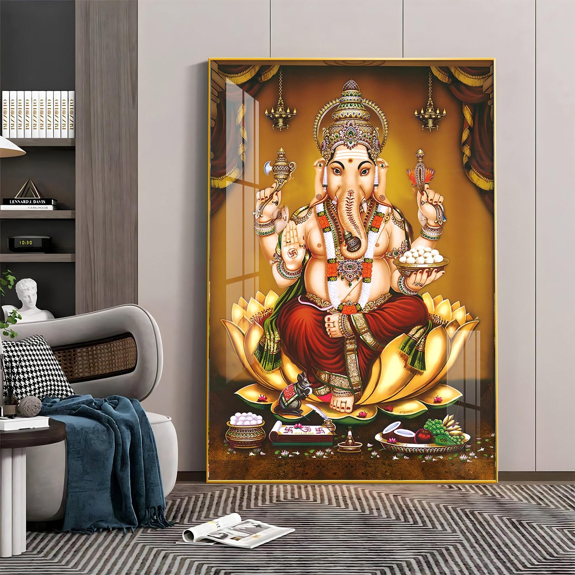 Lord Ganesha On Gold Lotus Premium Vertical Acrylic Wall Art - Image 10