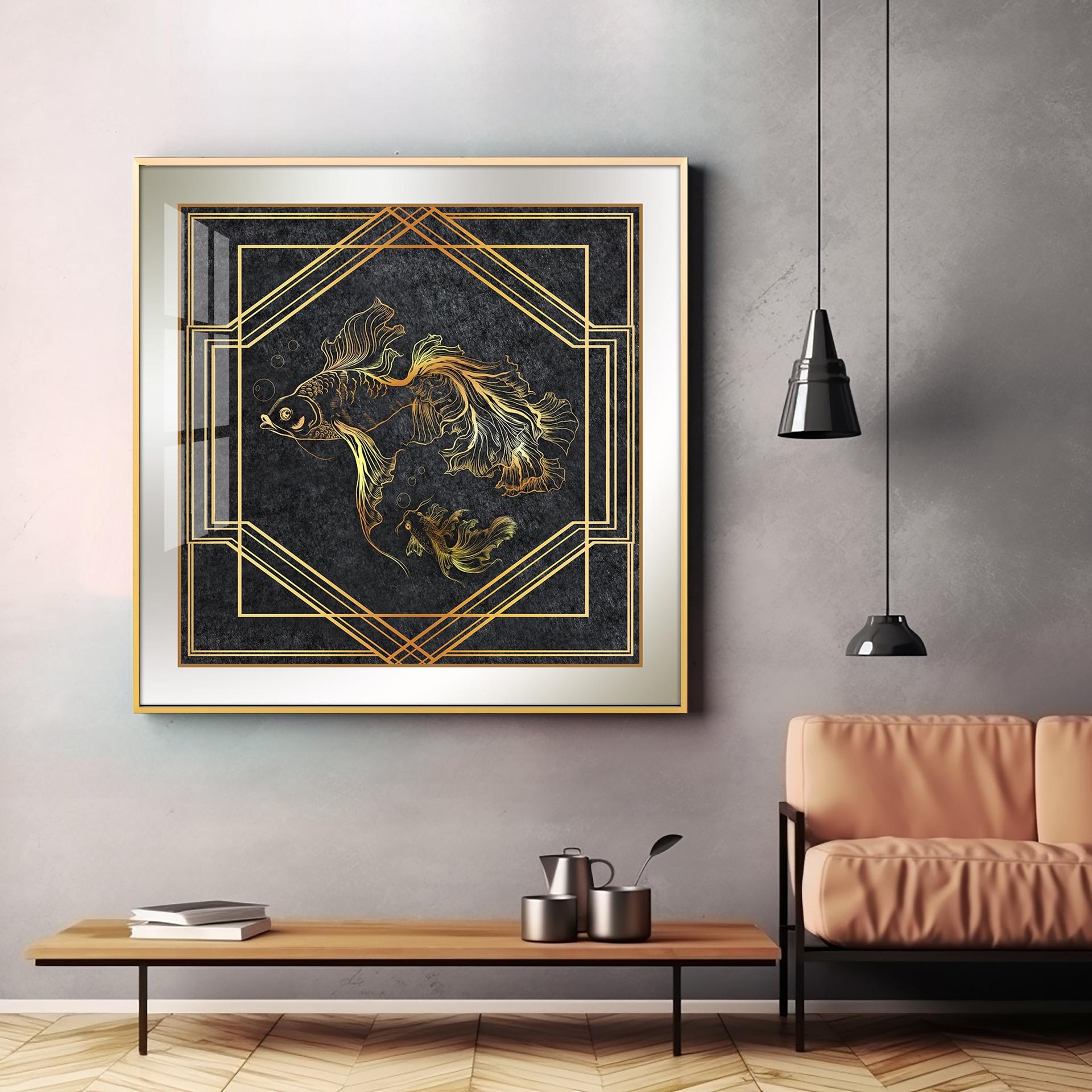 Modern Fashionable Gold Foil Goldfish Premium Acrylic Square Wall Art - Image 3