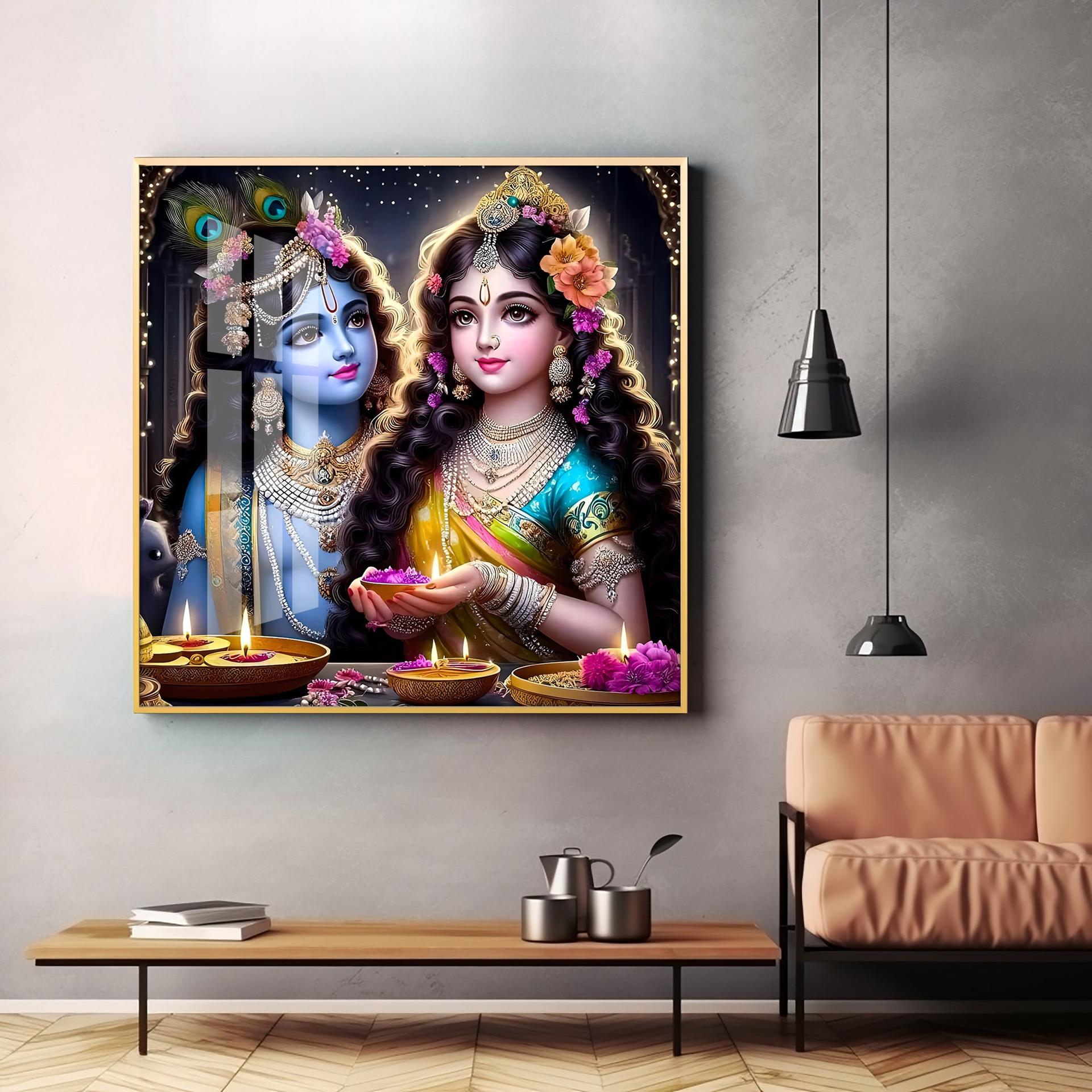 Glowing Krishna Radha Premium Acrylic Square Wall Art - Image 2