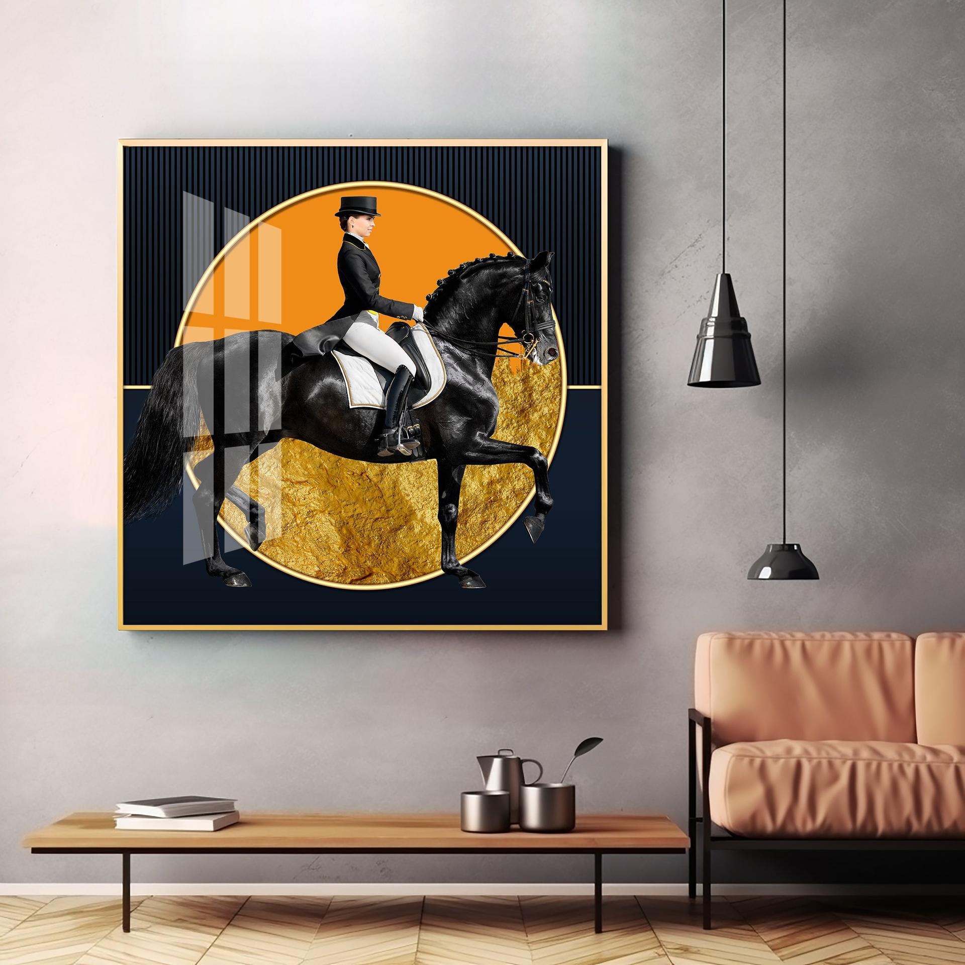 Man Riding On Black Horse Premium Acrylic Square Wall Art - Image 4