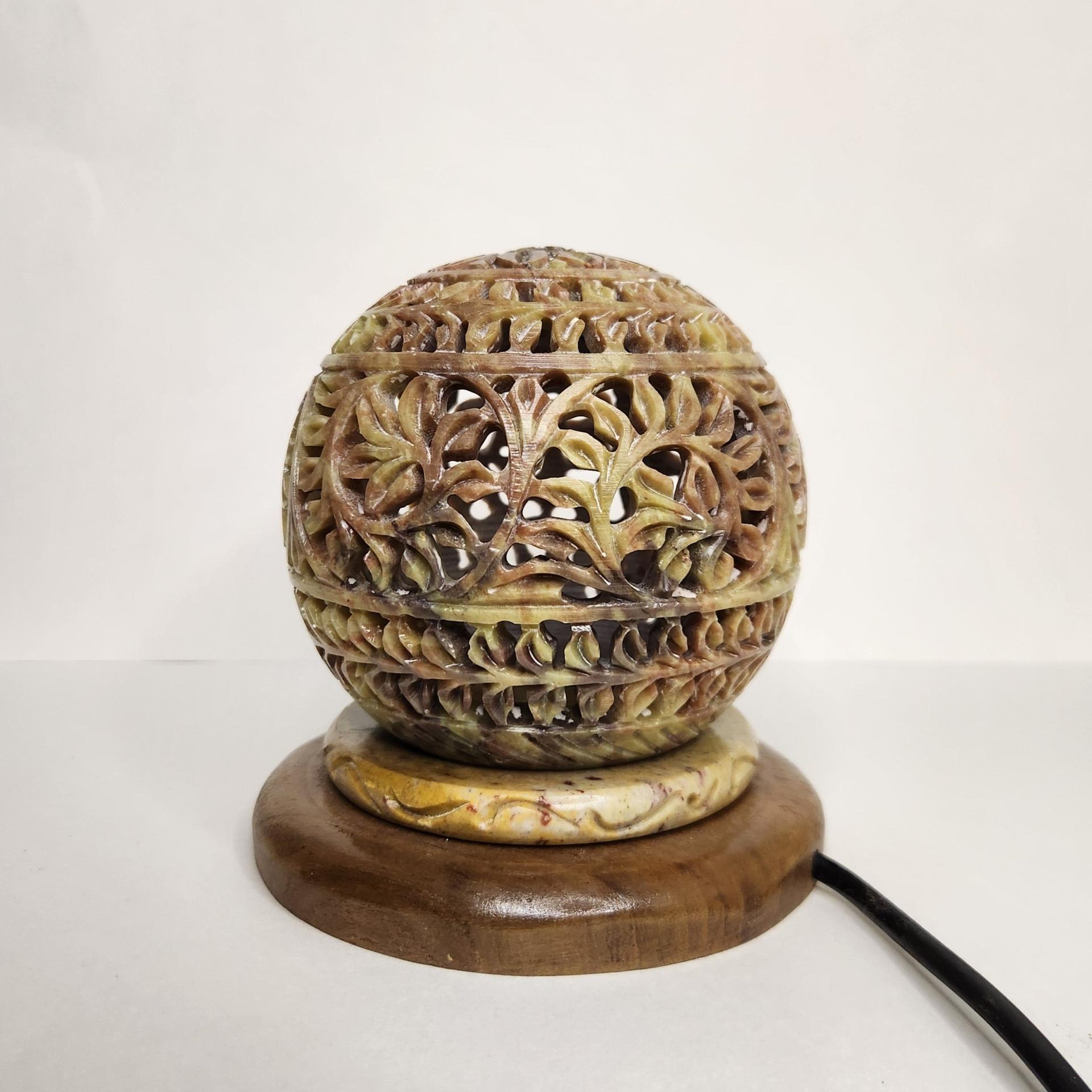 Hand-Carved Stone Lamp With Wooden Stand - Image 4