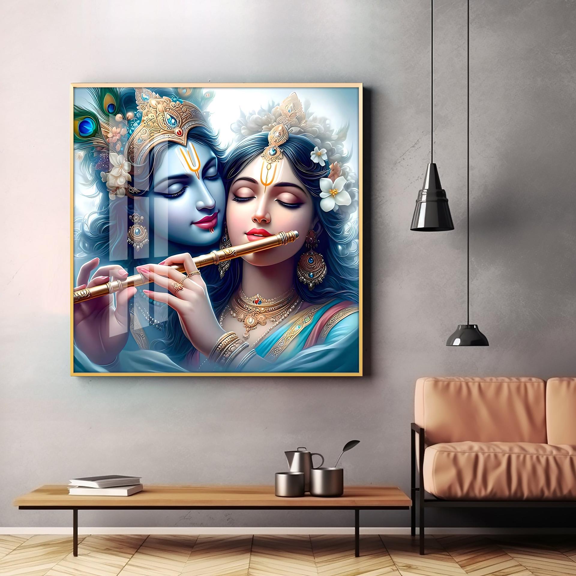 Radha Krishna With Flute Premium Acrylic Square Wall Art - Image 3