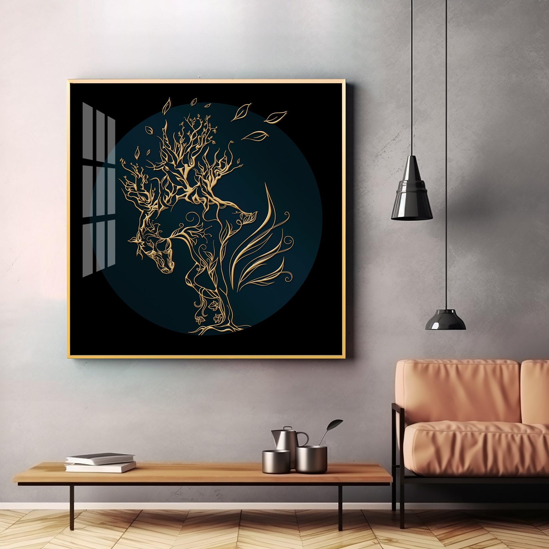 Golden Horse Lines Abstract Premium Acrylic Square Wall Art - Image 3