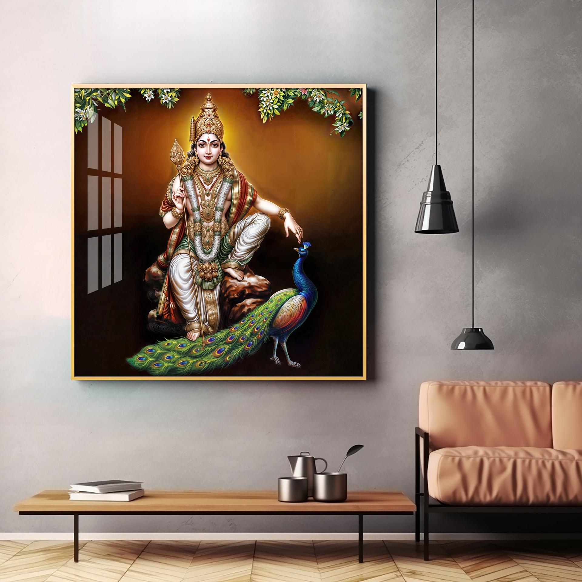 Lord Murugan With Peacock Premium Acrylic Square Wall Art - Image 4