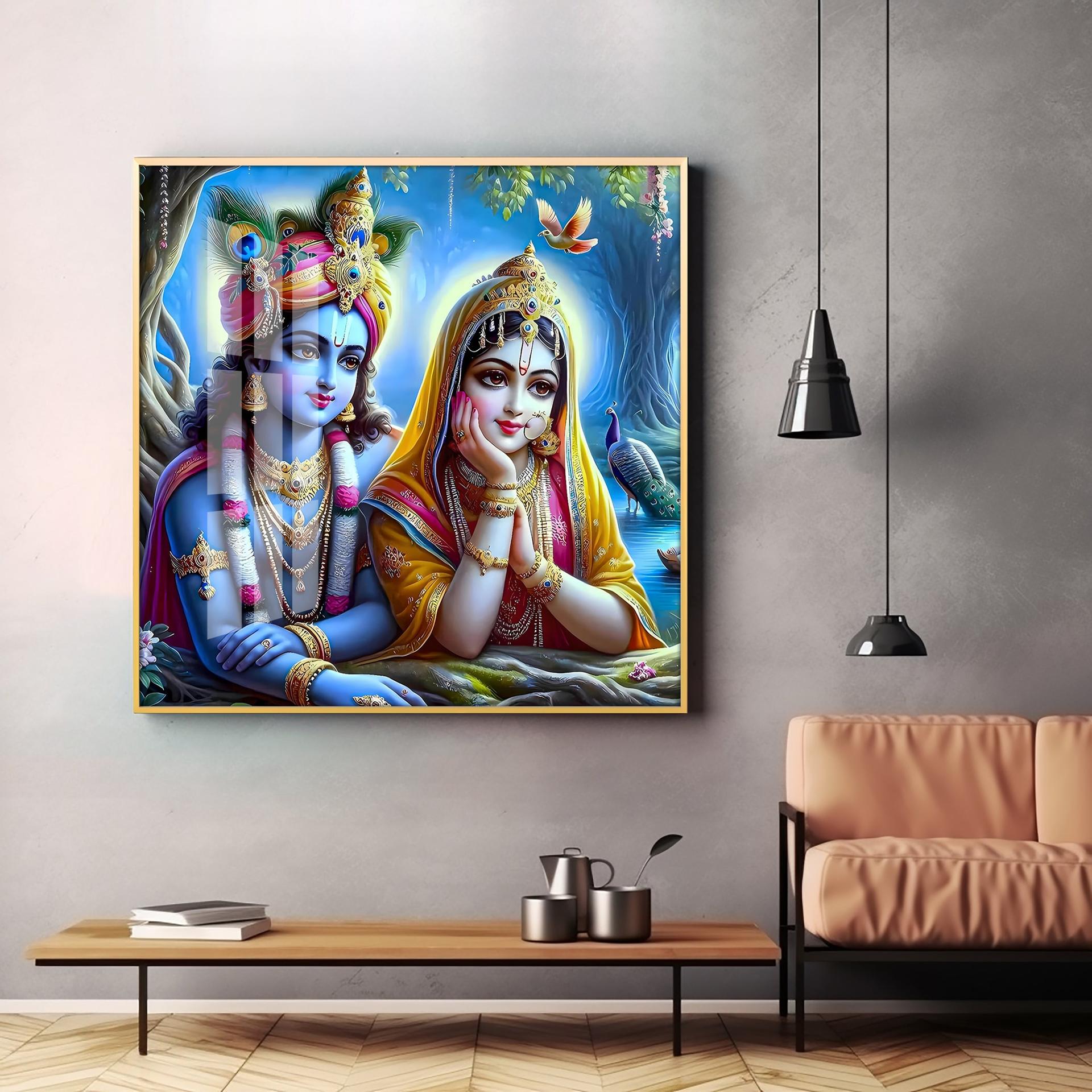 Radha Krishna In Vatika Premium Acrylic Square Wall Art - Image 2