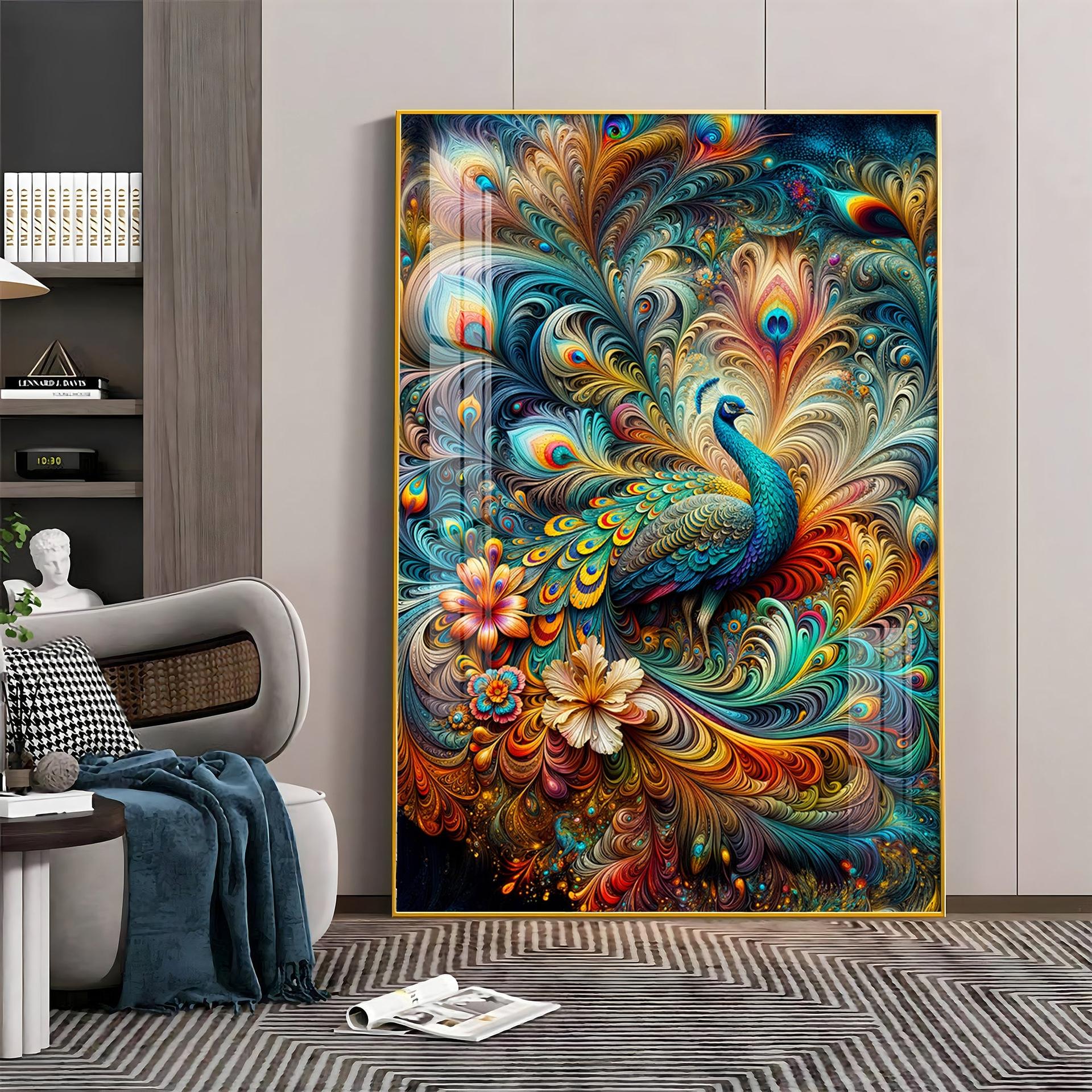 Chromatic Peacock Elegance Luxury Crystal Vertical Wall Art