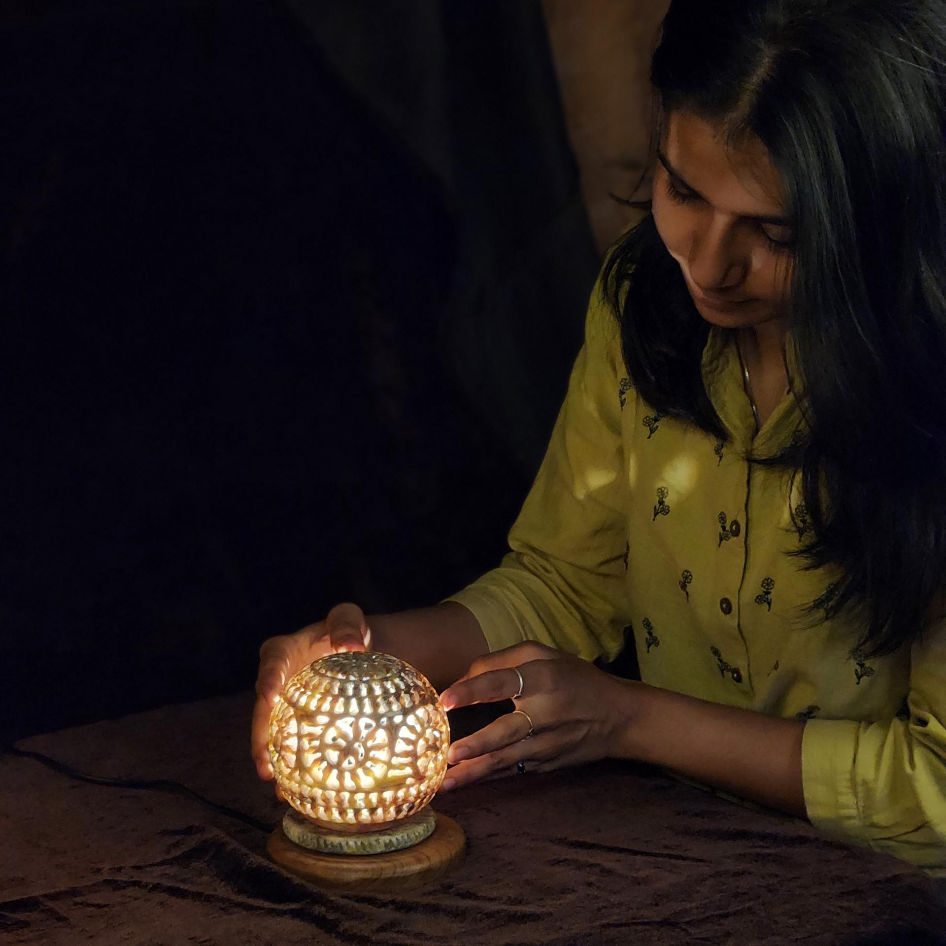 Hand-Carved Stone Lamp With Wooden Stand