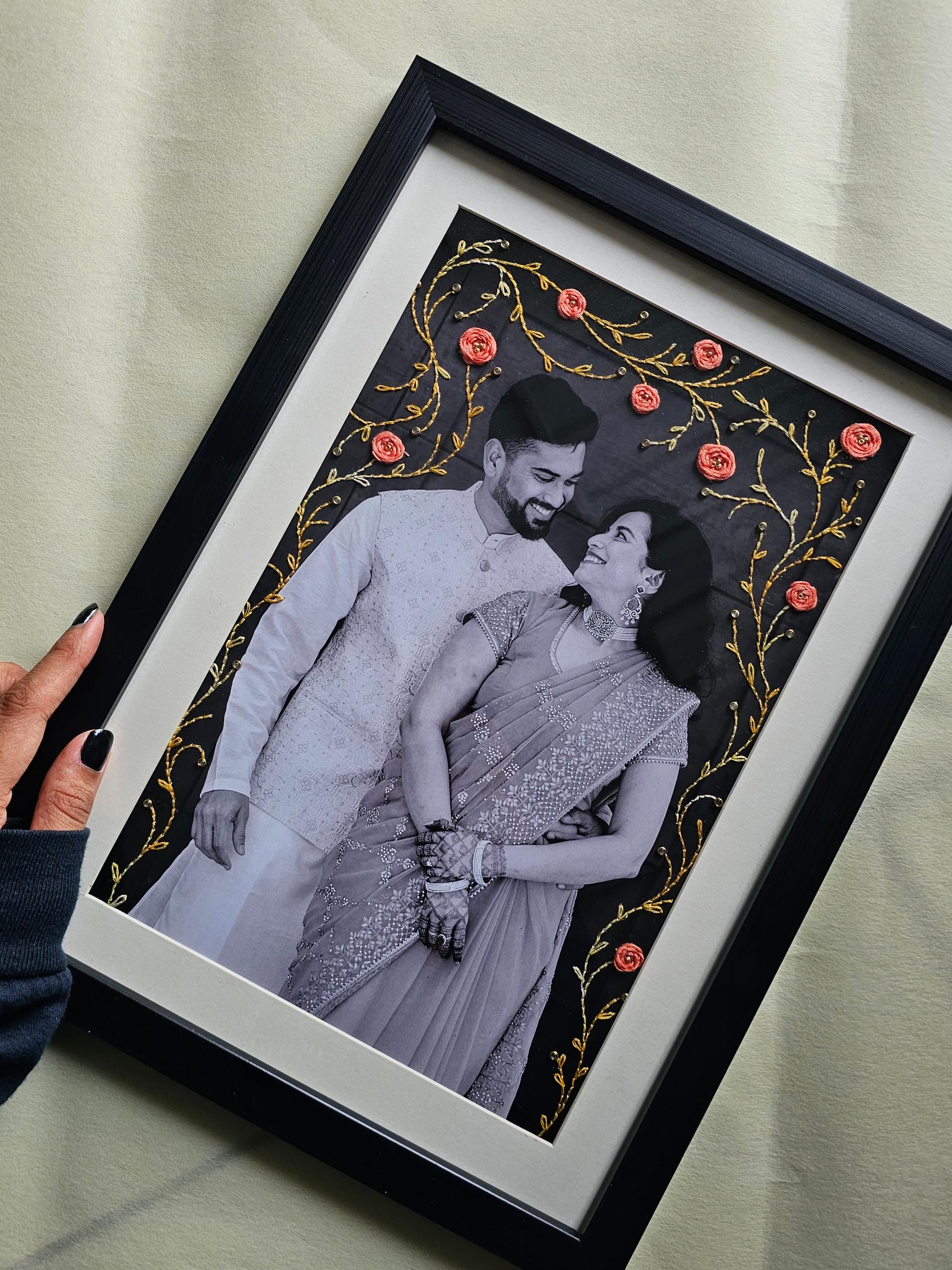Hand-Embroidered Personalized Photo Frame – Custom Memory Art With Rare Indian Threadwork (a5/A4/A3 Sizes)
