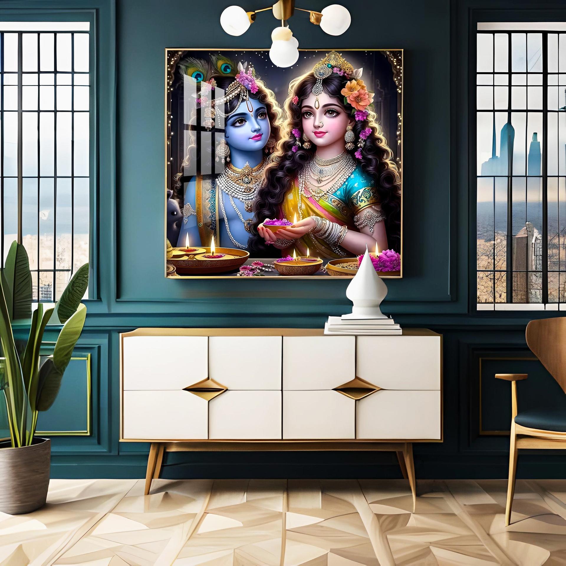 Glowing Krishna Radha Premium Acrylic Square Wall Art - Image 3