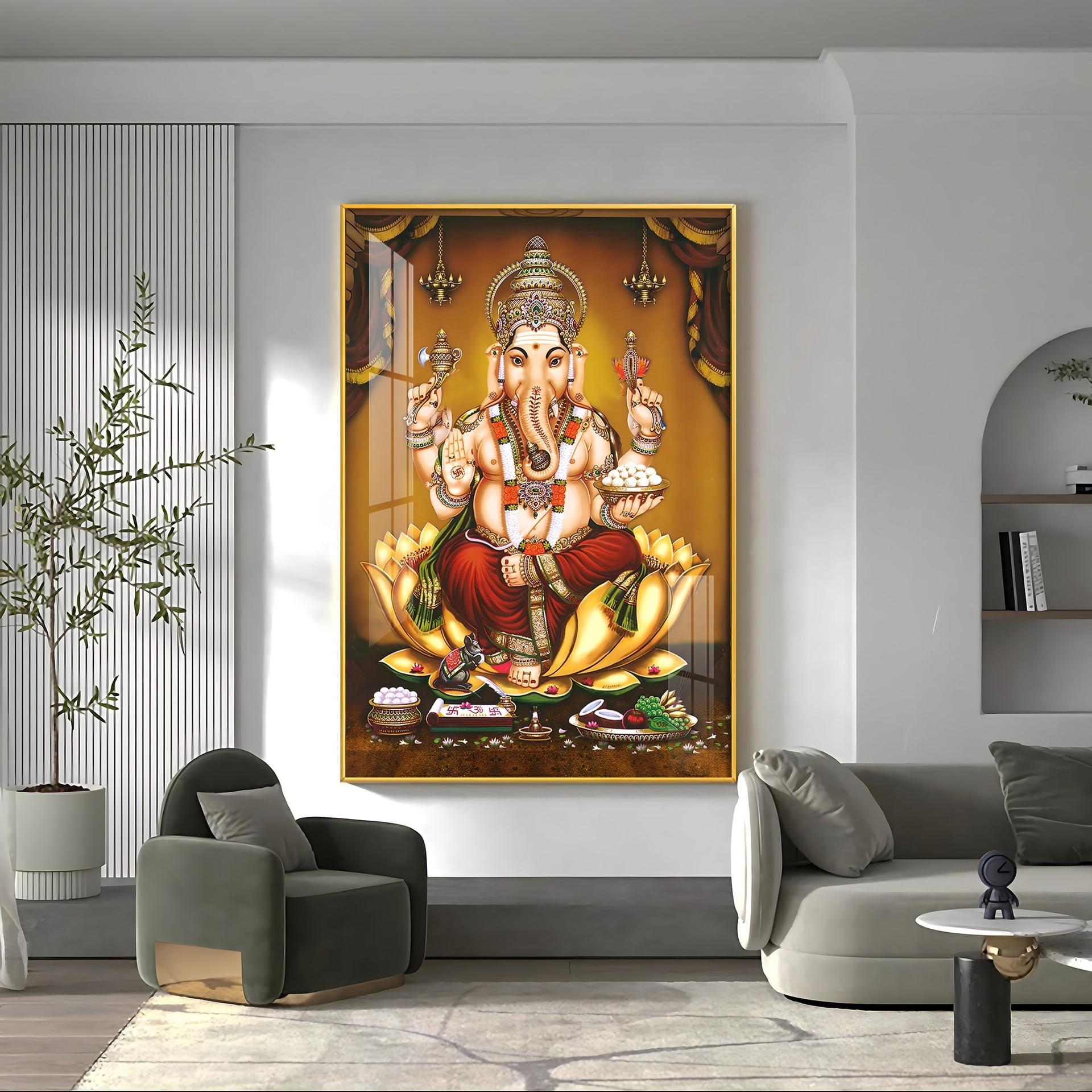 Lord Ganesha On Gold Lotus Premium Vertical Acrylic Wall Art - Image 9