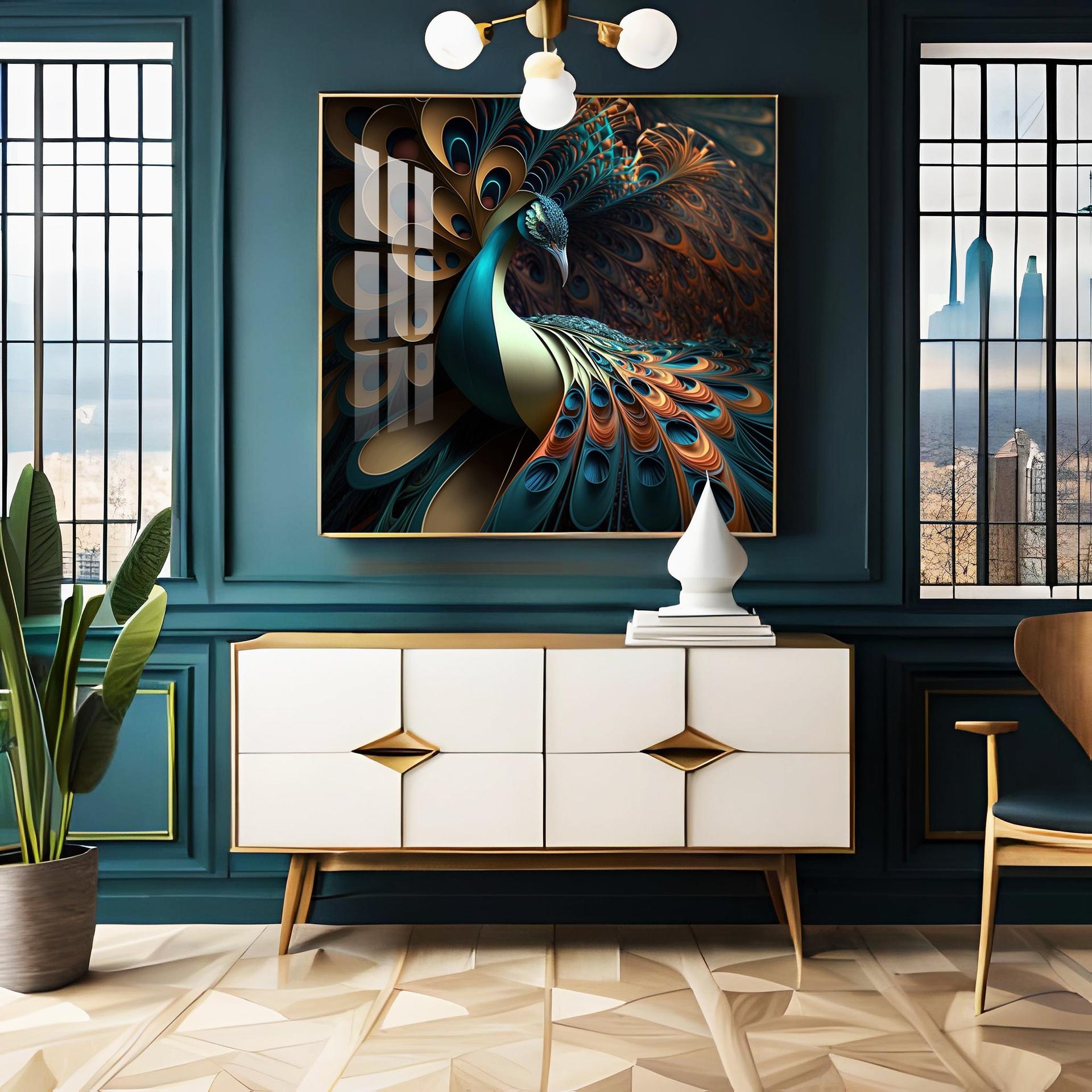 Peacock Is Shown With Large Feather Premium Acrylic Square Wall Art - Image 3