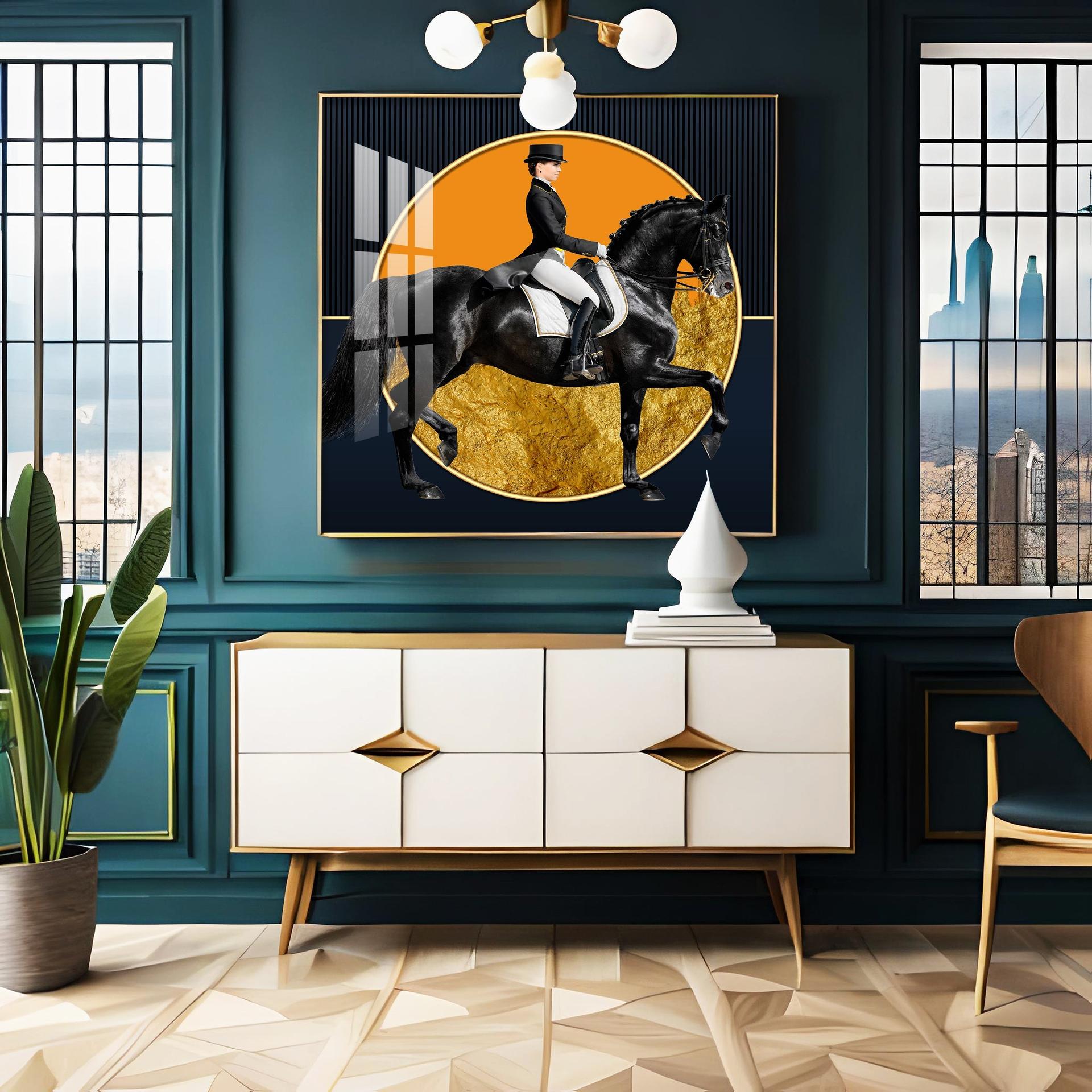 Man Riding On Black Horse Premium Acrylic Square Wall Art - Image 2