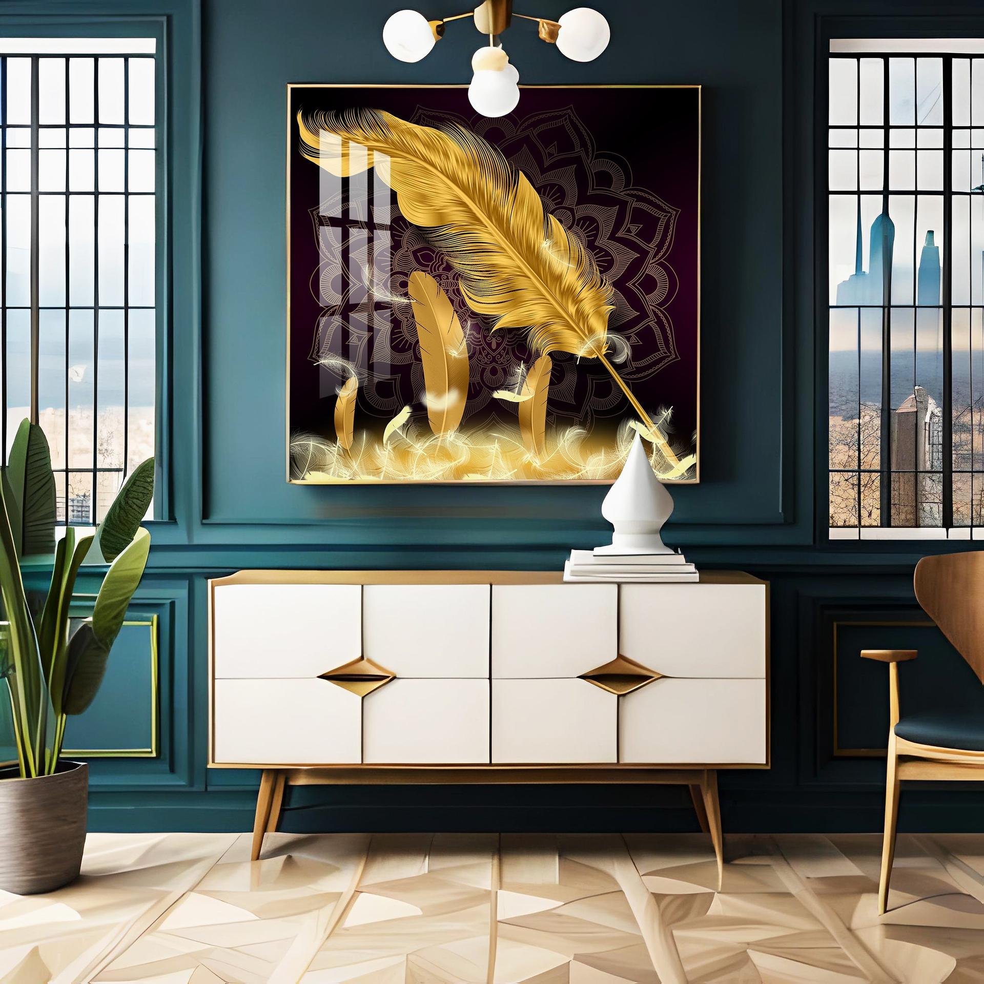 Golden Feather Light Luxury Premium Acrylic Square Wall Art - Image 3