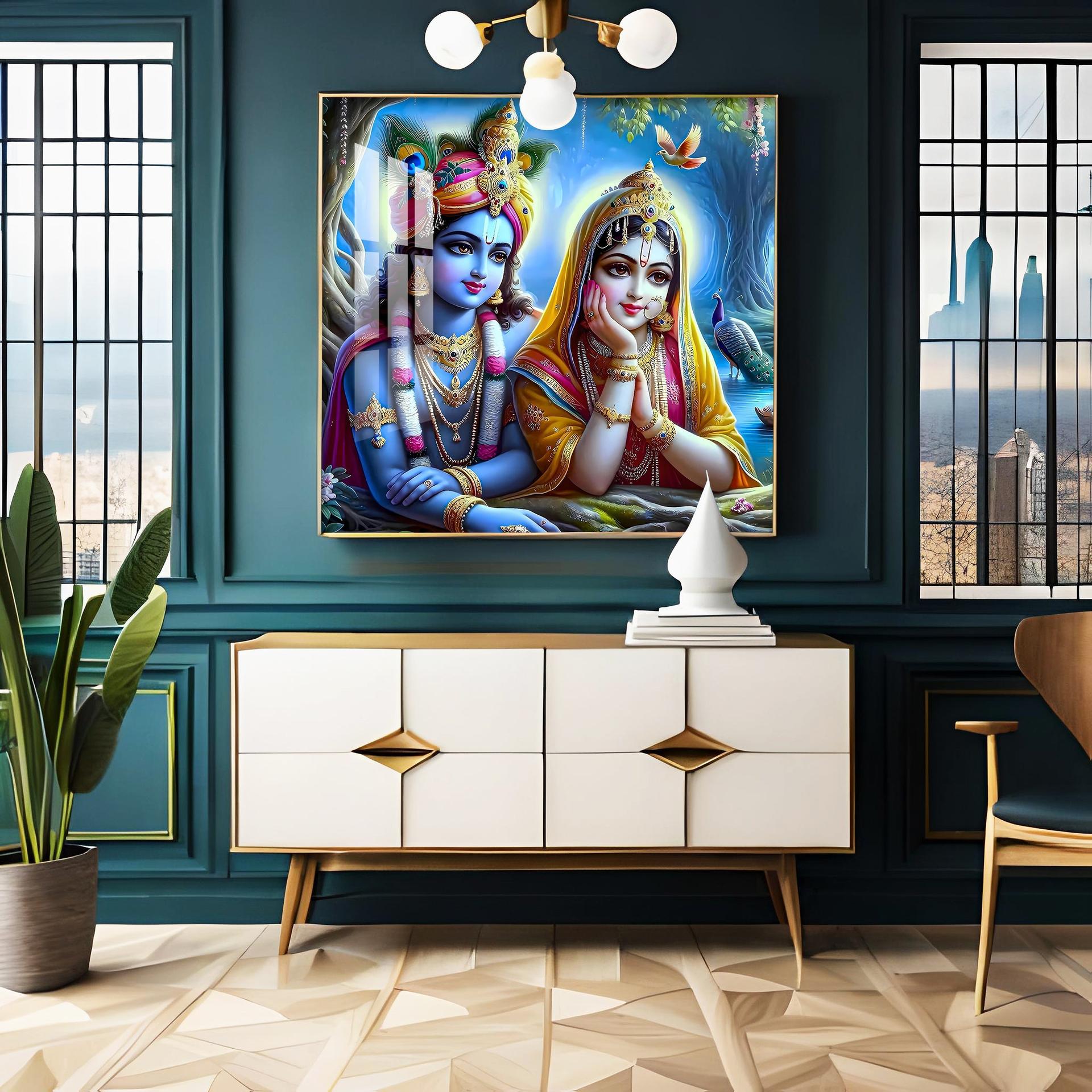 Radha Krishna In Vatika Premium Acrylic Square Wall Art - Image 3