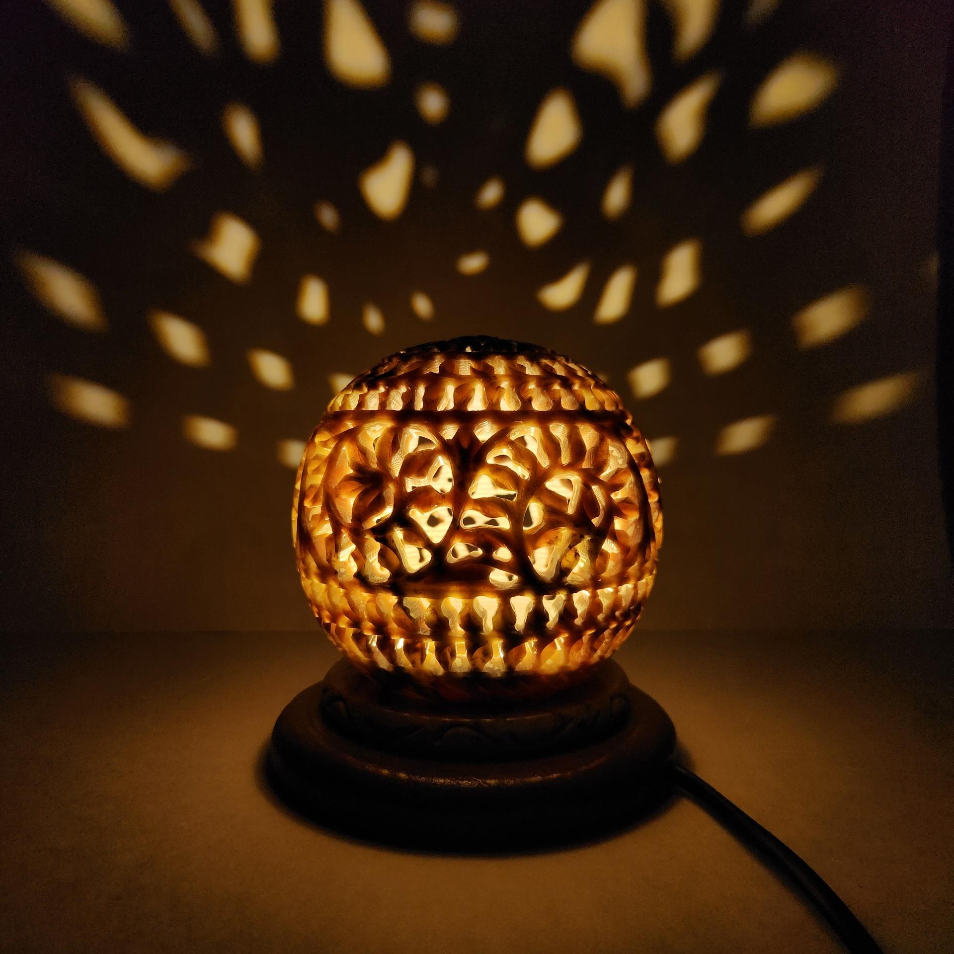 Hand-Carved Stone Lamp With Wooden Stand