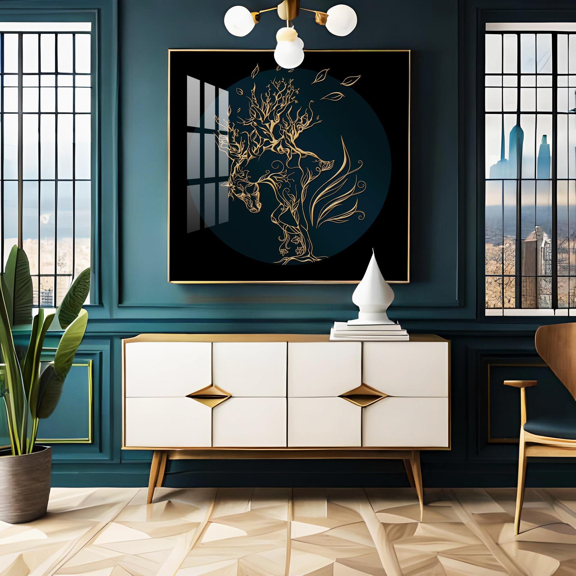 Golden Horse Lines Abstract Premium Acrylic Square Wall Art - Image 4