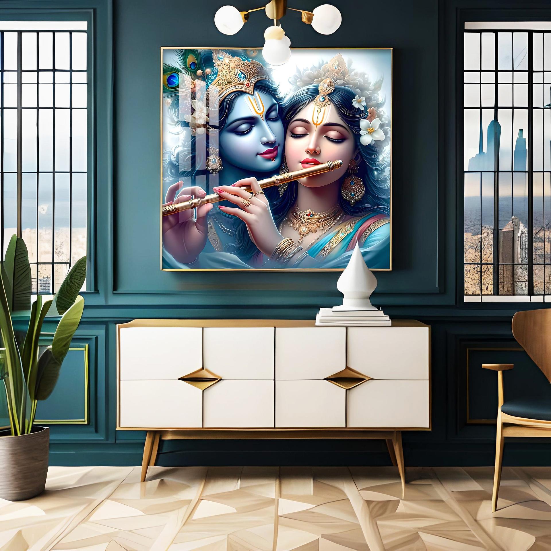 Radha Krishna With Flute Premium Acrylic Square Wall Art - Image 4