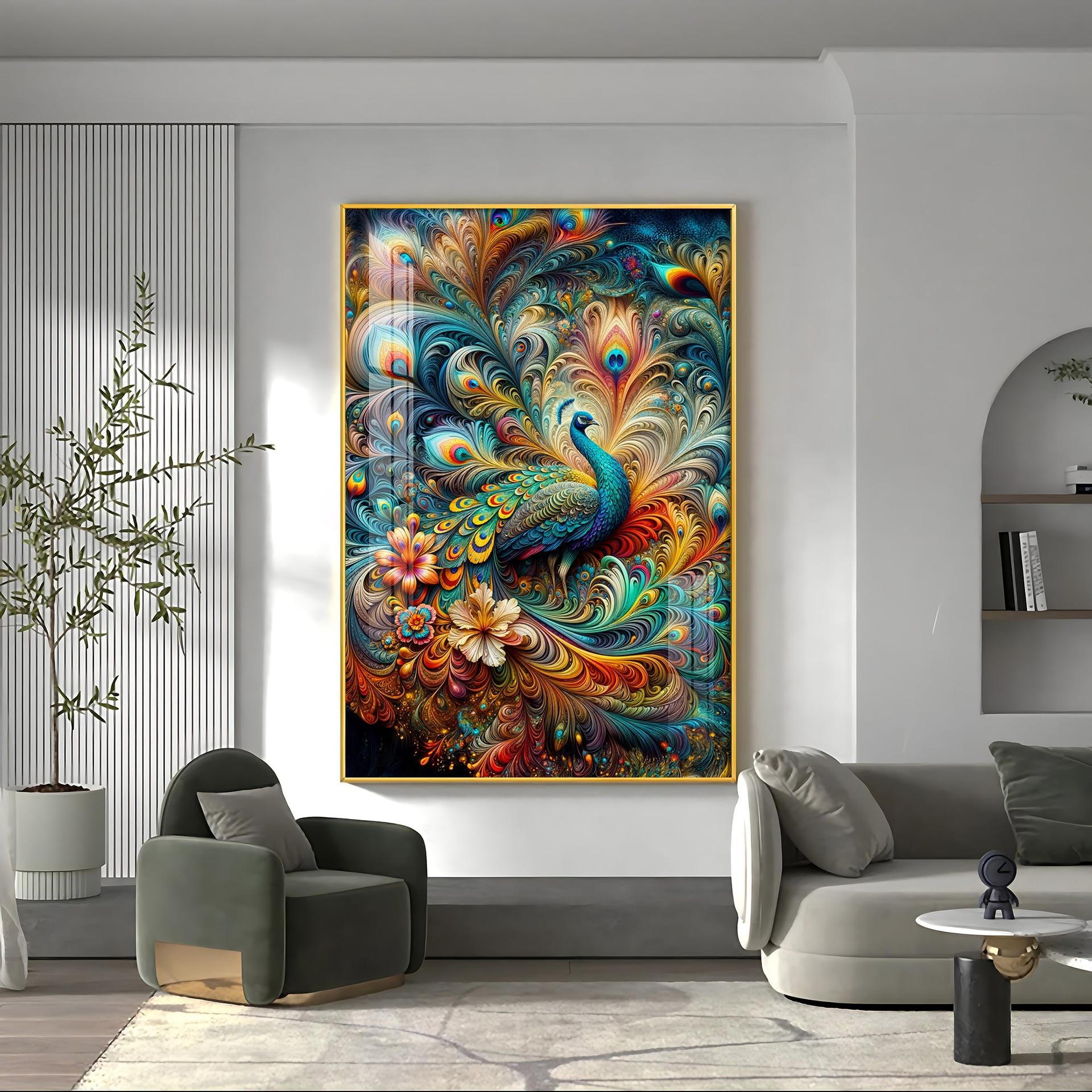 Chromatic Peacock Elegance Luxury Crystal Vertical Wall Art - Image 3