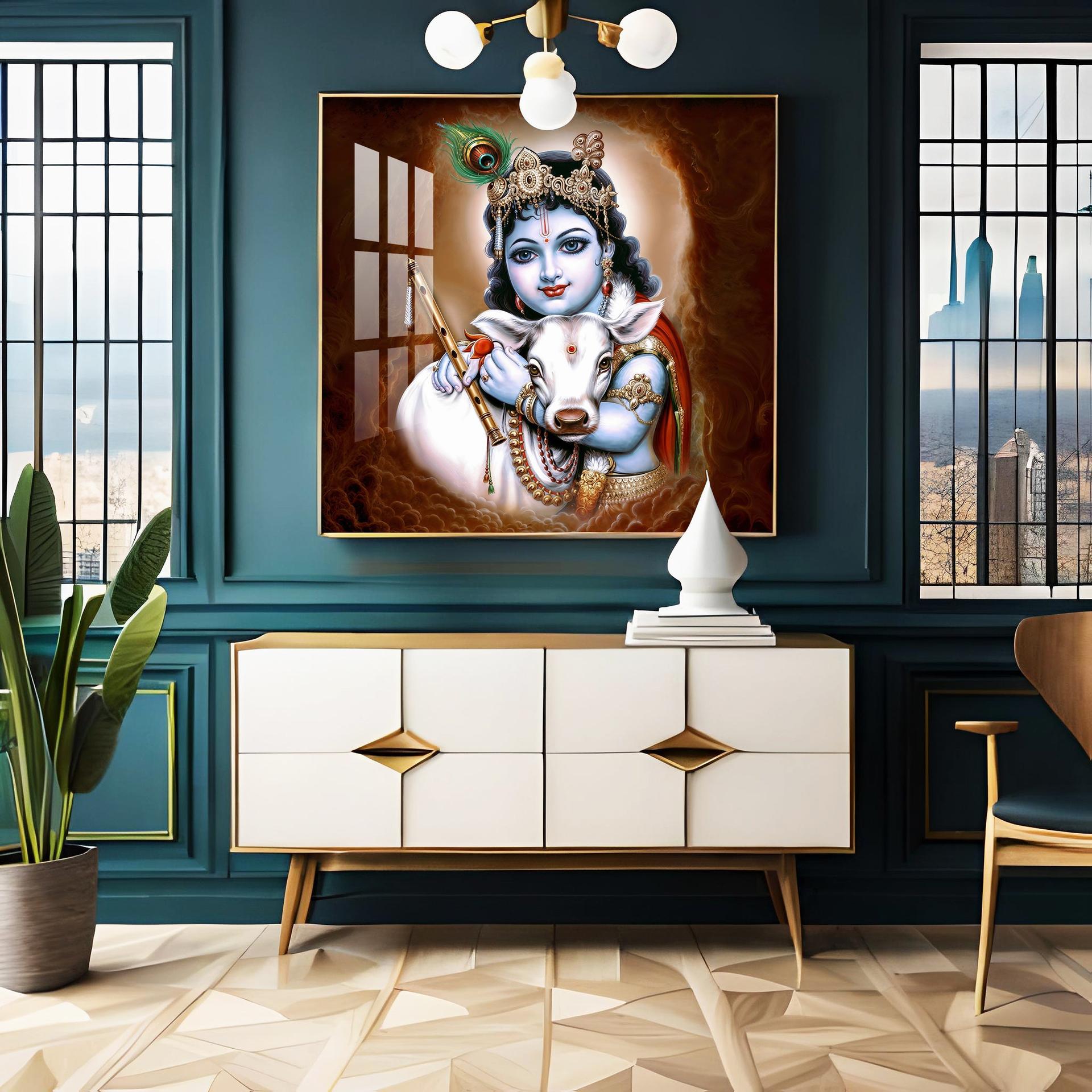 Krishna With Bansuri & Cow Premium Acrylic Horizontal Wall Art - Image 4