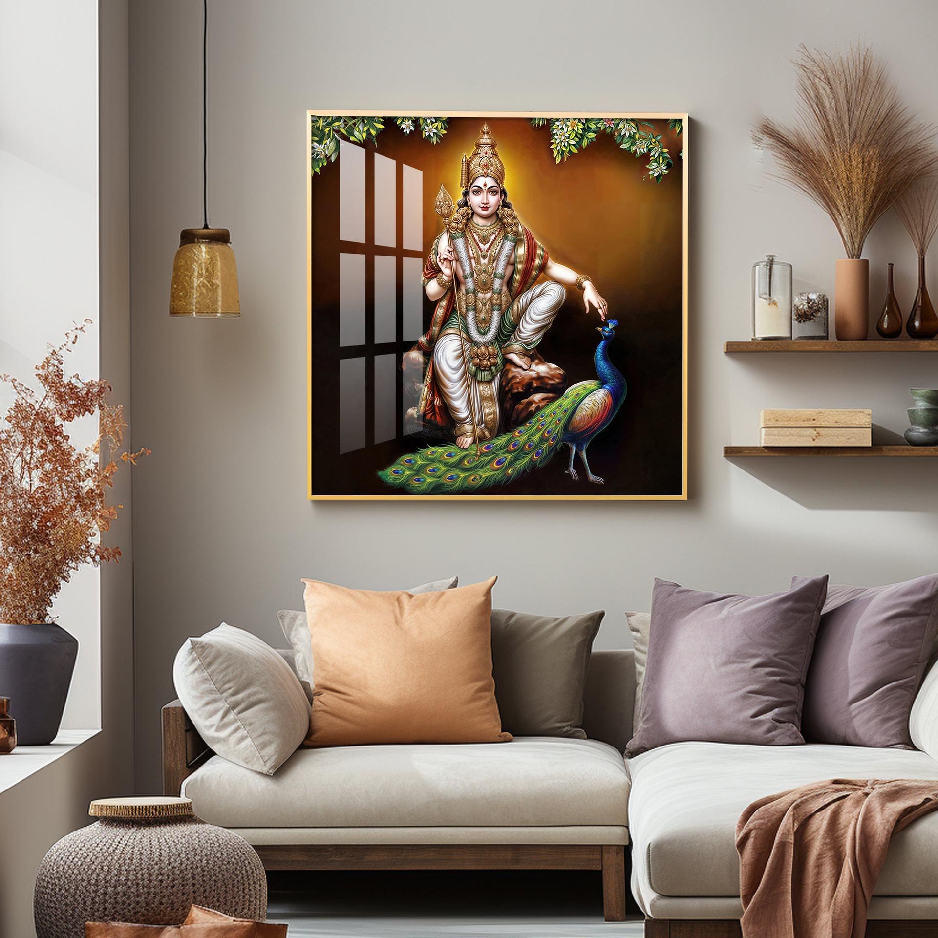 Lord Murugan With Peacock Premium Acrylic Square Wall Art - Image 5