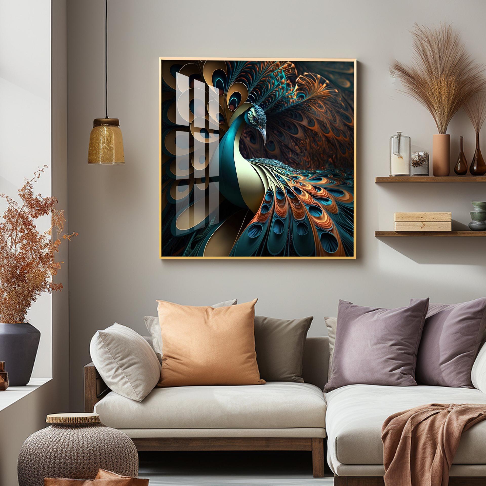 Peacock Is Shown With Large Feather Premium Acrylic Square Wall Art - Image 4