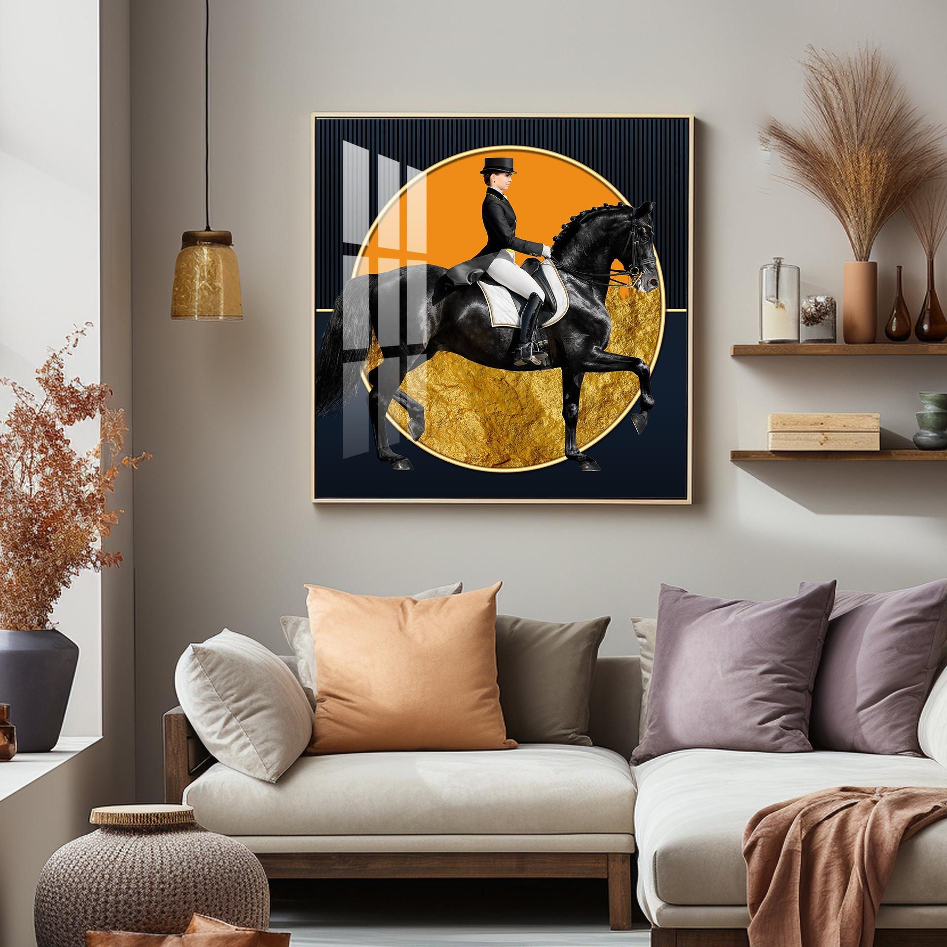Man Riding On Black Horse Premium Acrylic Square Wall Art - Image 5