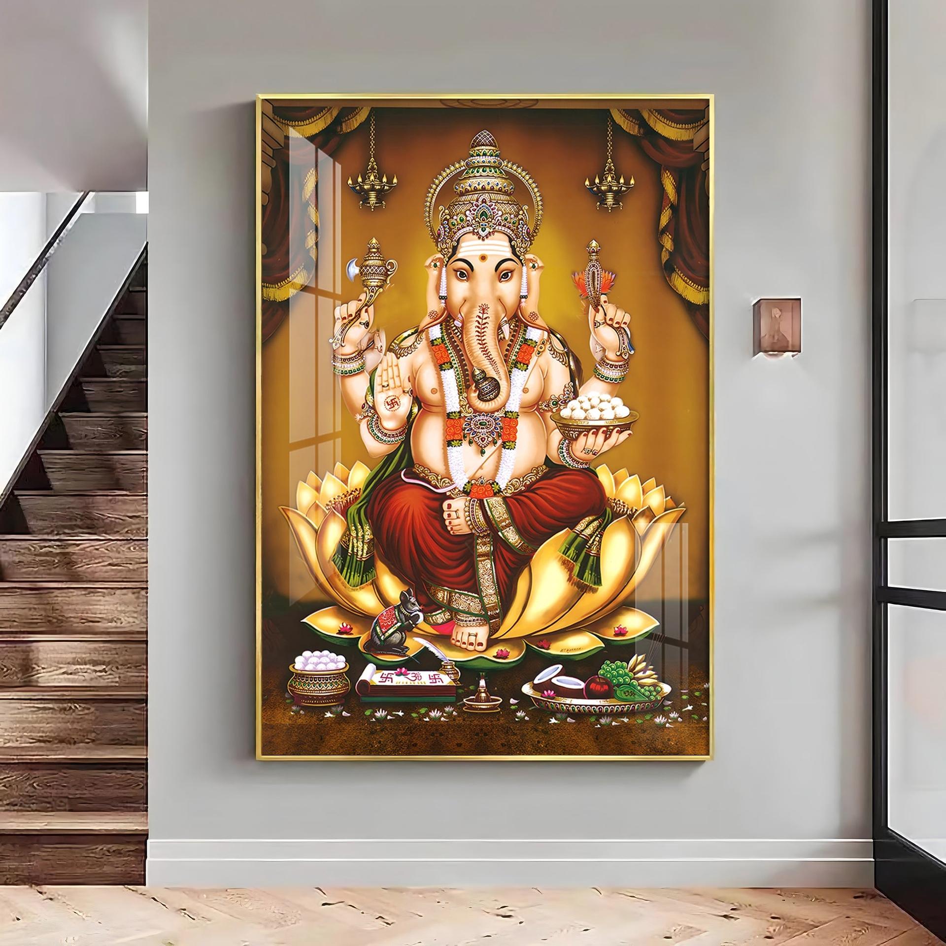 Lord Ganesha On Gold Lotus Premium Vertical Acrylic Wall Art - Image 8