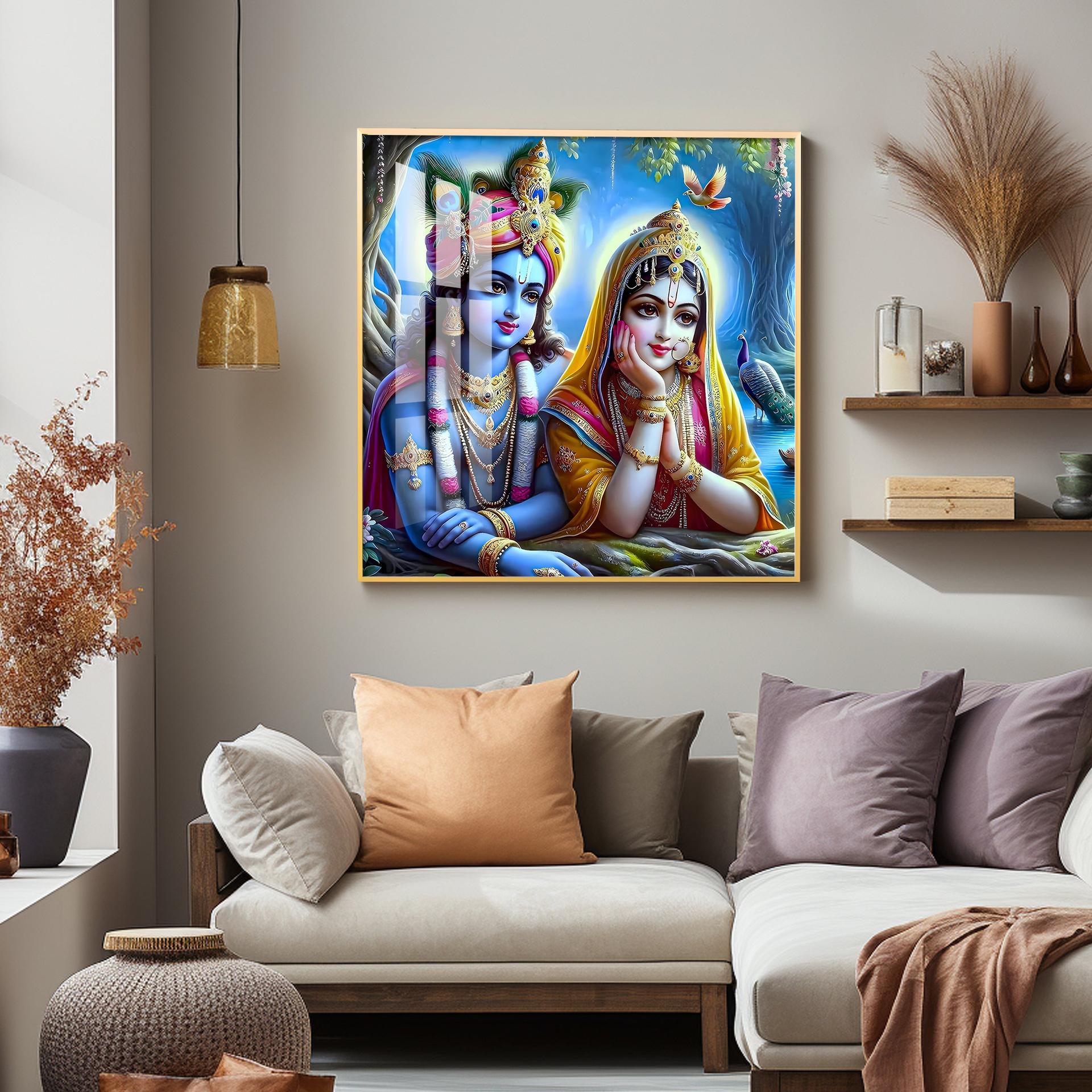 Radha Krishna In Vatika Premium Acrylic Square Wall Art - Image 4
