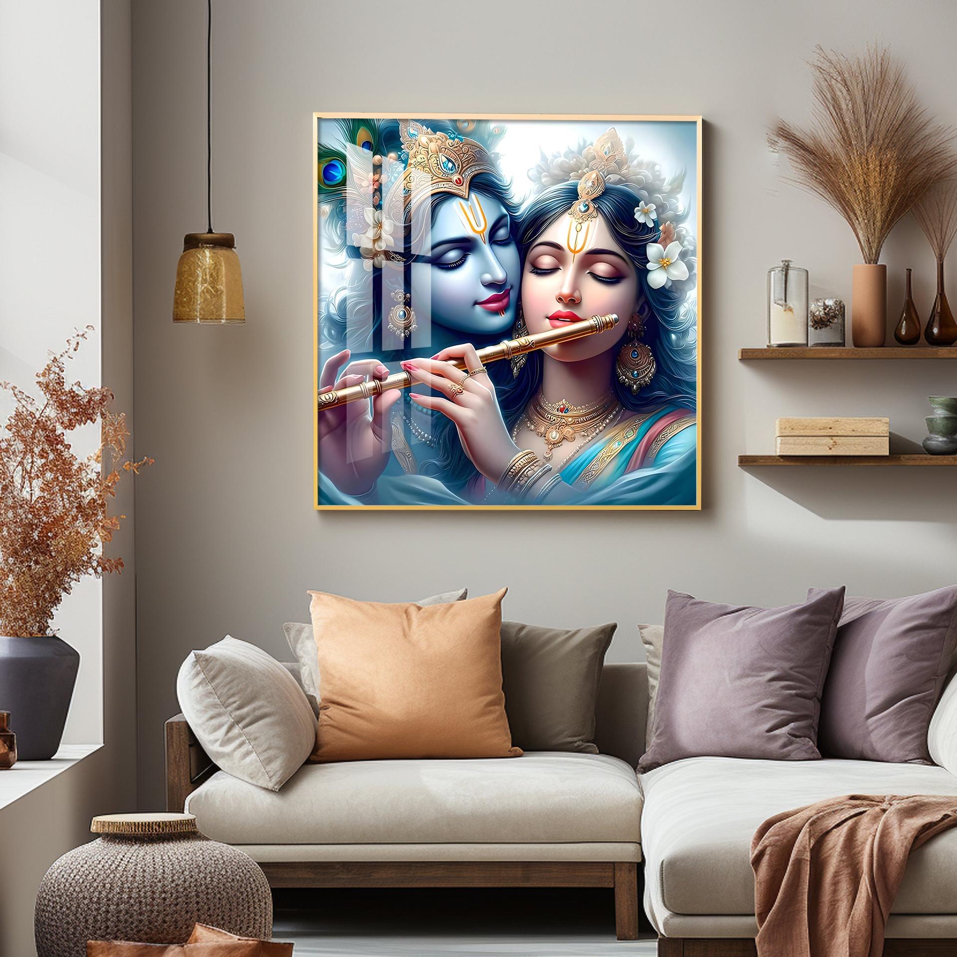 Radha Krishna With Flute Premium Acrylic Square Wall Art - Image 5