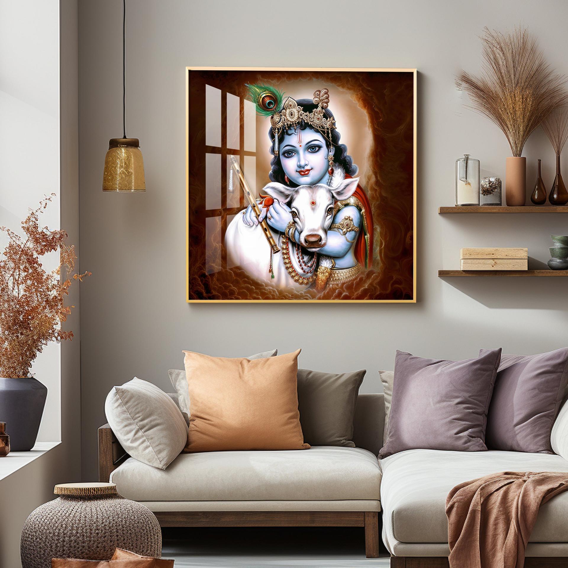 Krishna With Bansuri & Cow Premium Acrylic Horizontal Wall Art - Image 14