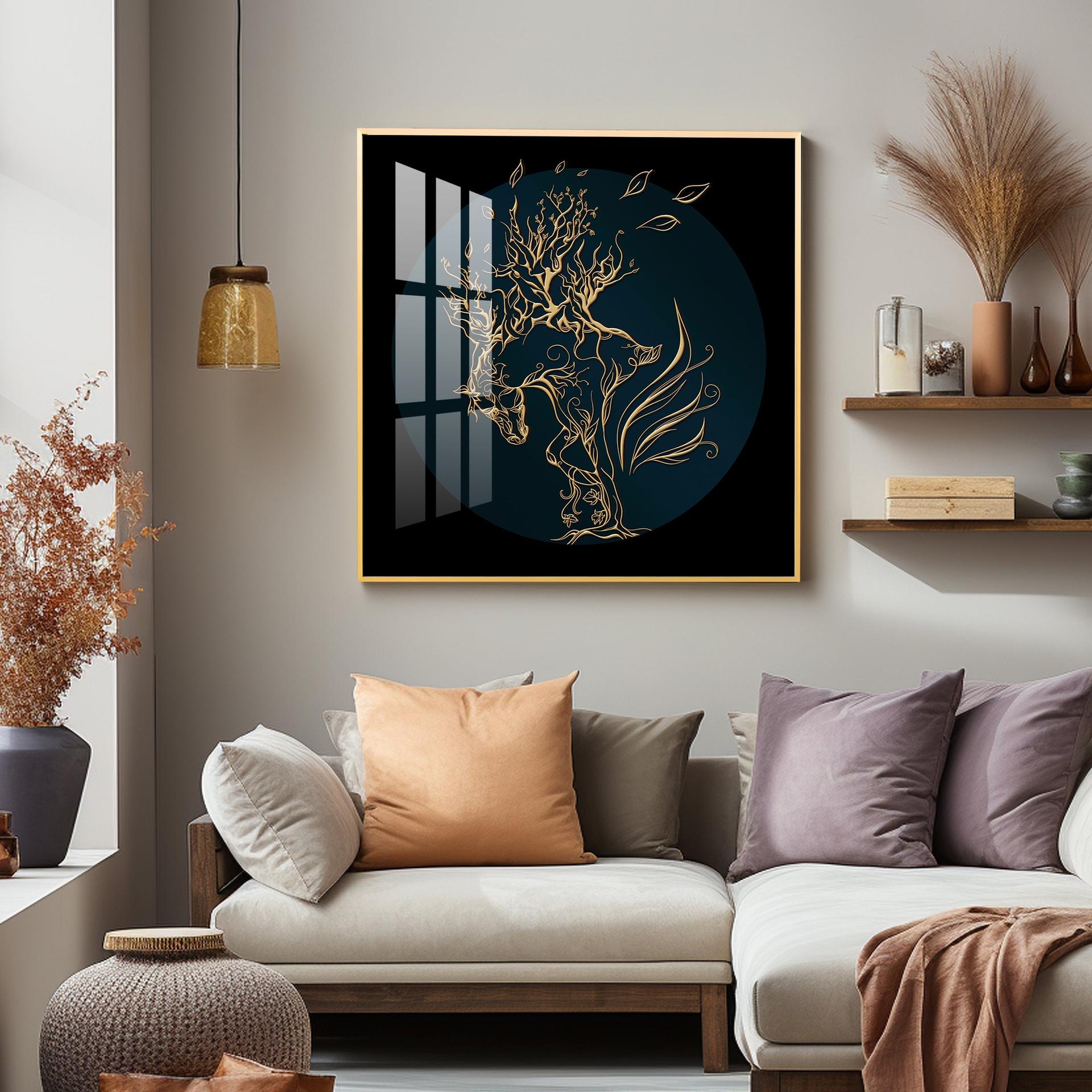 Golden Horse Lines Abstract Premium Acrylic Square Wall Art - Image 5