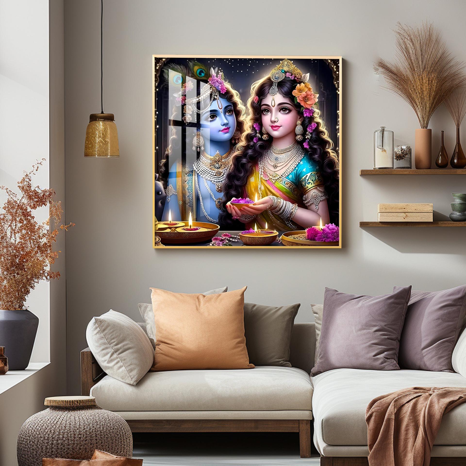 Glowing Krishna Radha Premium Acrylic Square Wall Art - Image 11