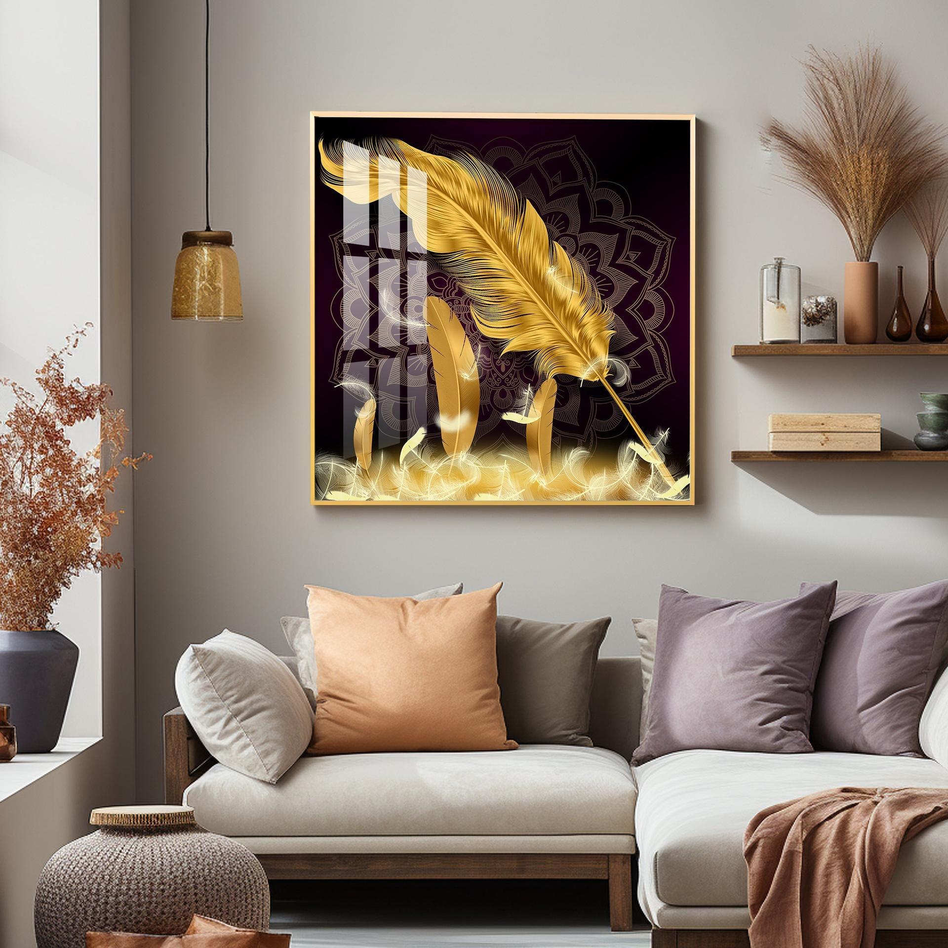 Golden Feather Light Luxury Premium Acrylic Square Wall Art - Image 4