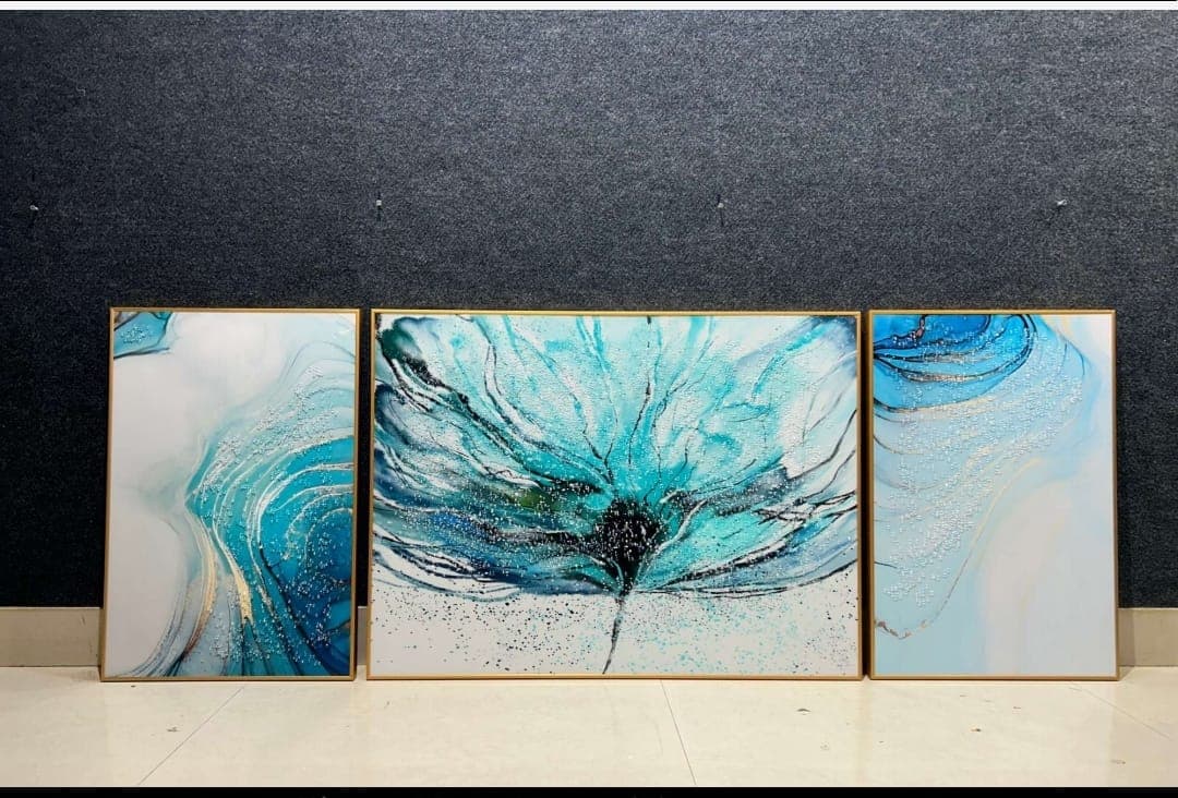 Set Of 3 Blue Floral Crystal Painting