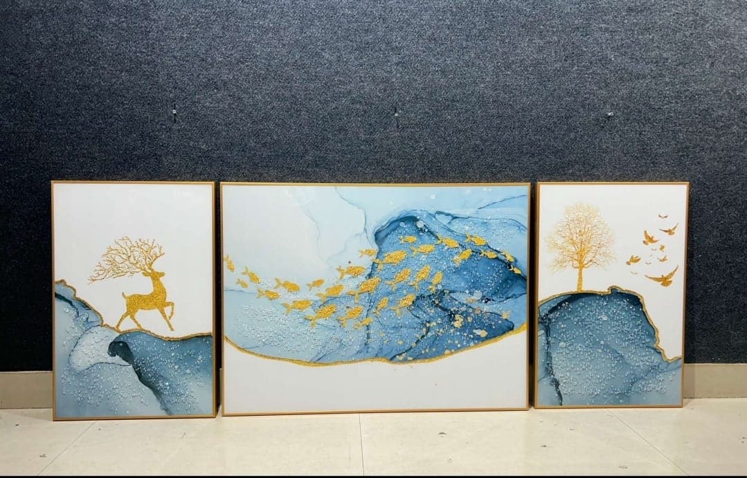 Set Of 3 Golden Deer Wall Paitning