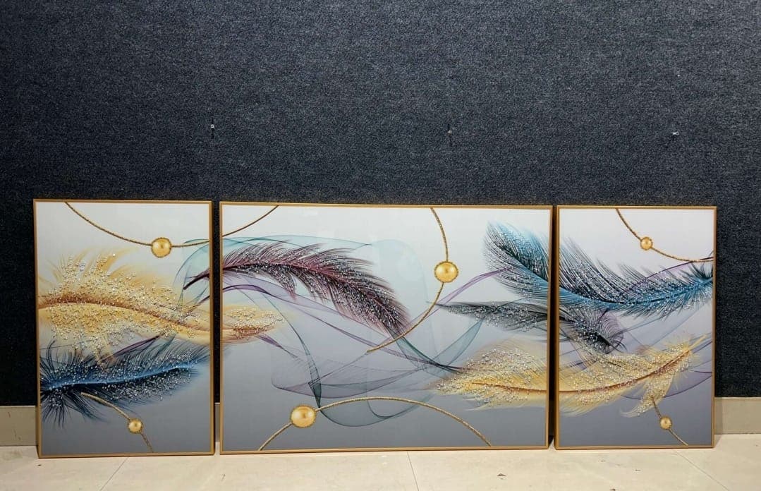 Set Of 3 Multicolor Feather Crstal Wall Art