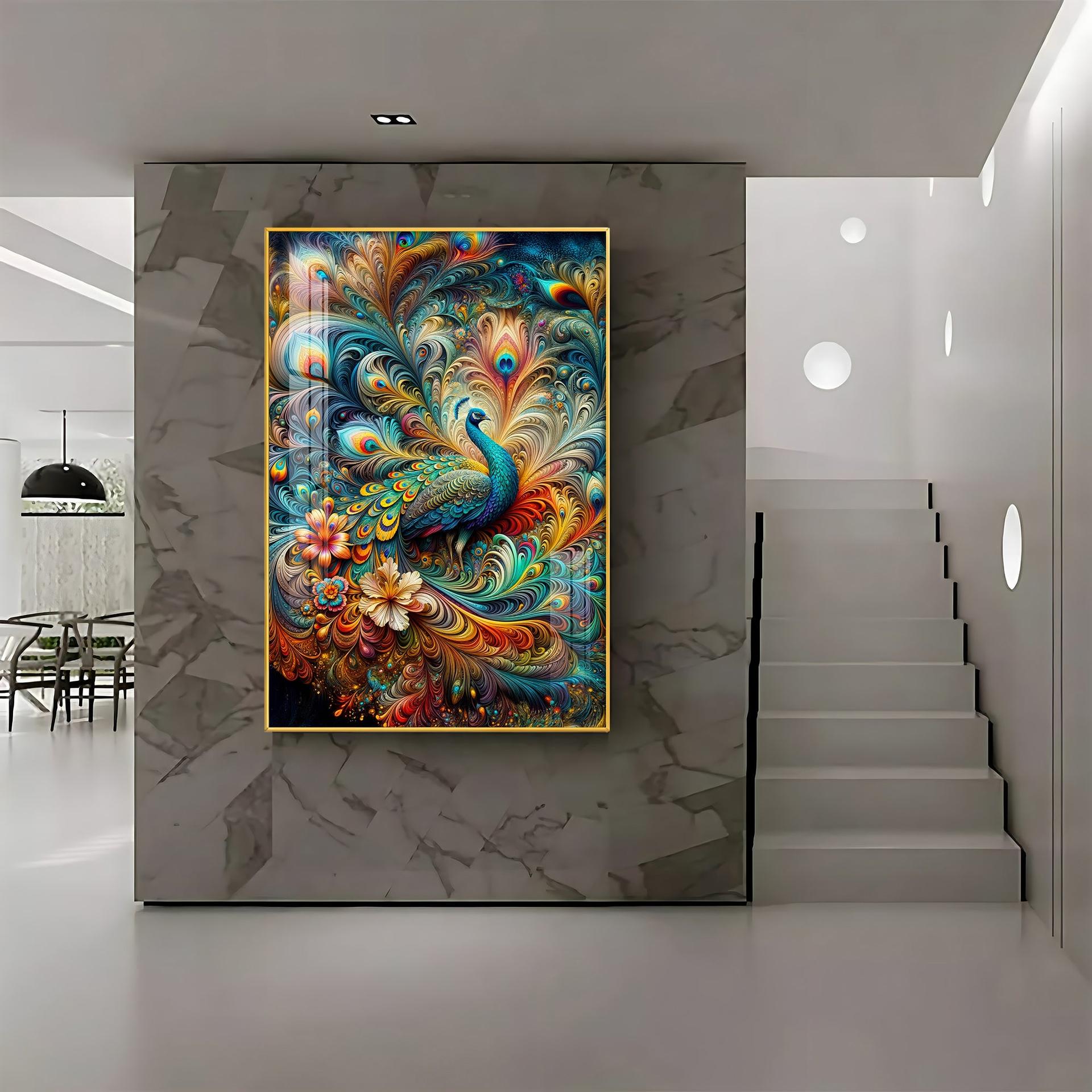 Chromatic Peacock Elegance Luxury Crystal Vertical Wall Art - Image 4