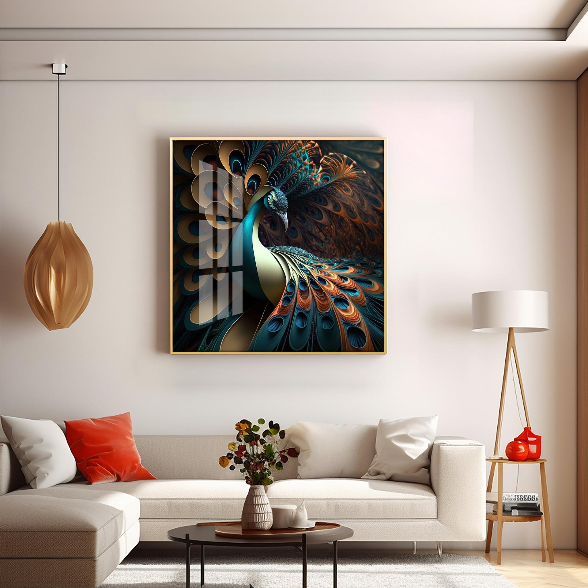 Peacock Is Shown With Large Feather Premium Acrylic Square Wall Art - Image 5