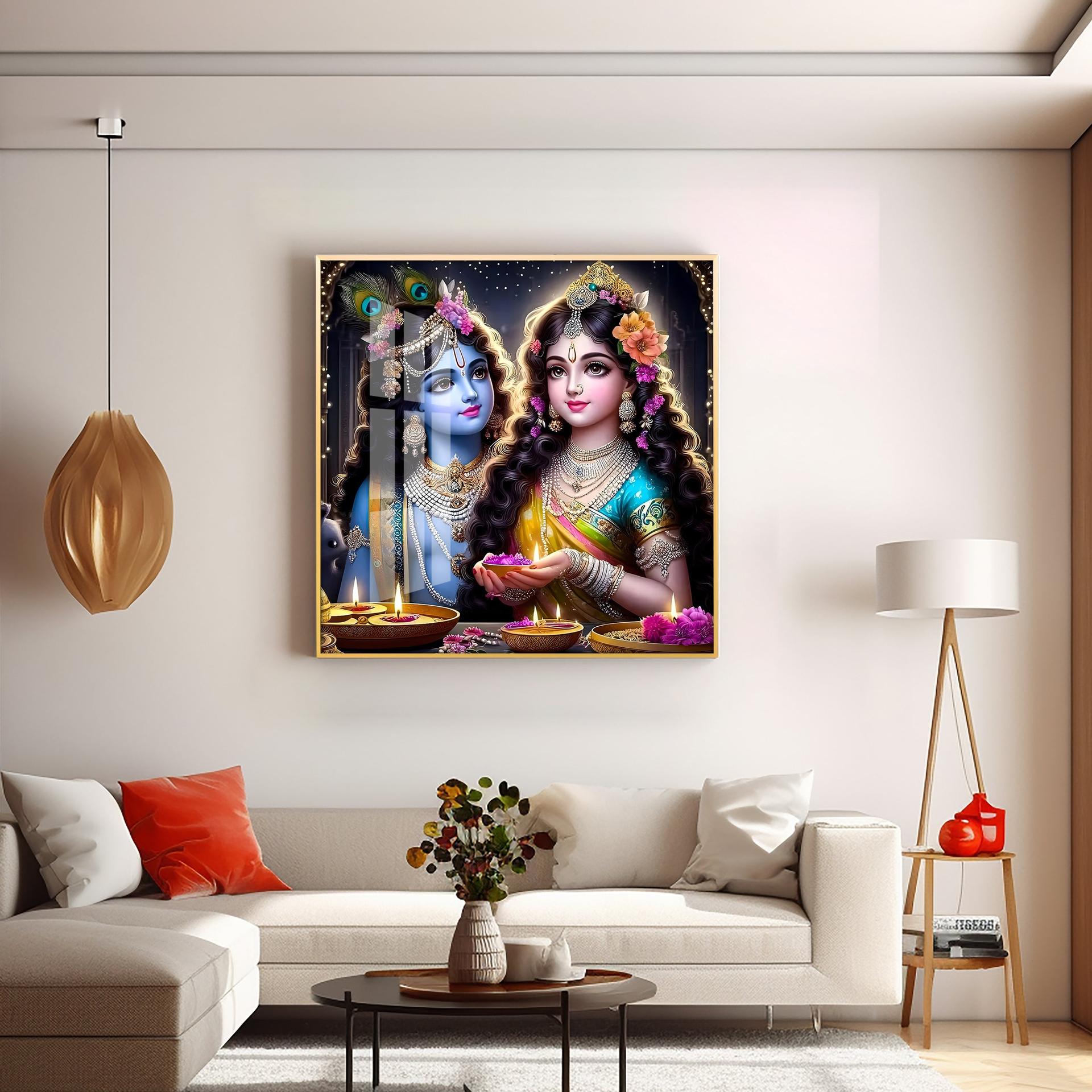 Glowing Krishna Radha Premium Acrylic Square Wall Art - Image 4