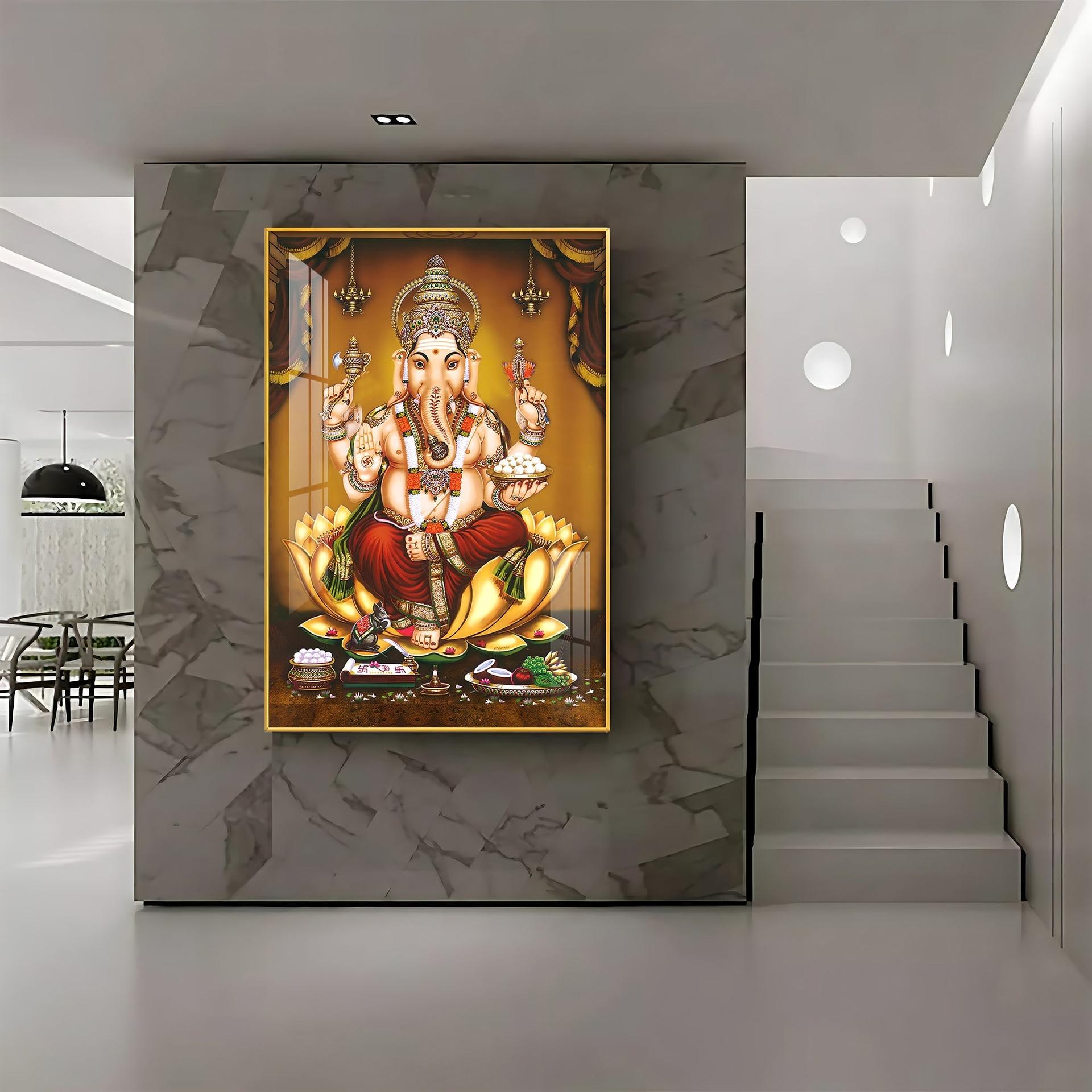 Lord Ganesha On Gold Lotus Premium Vertical Acrylic Wall Art - Image 7