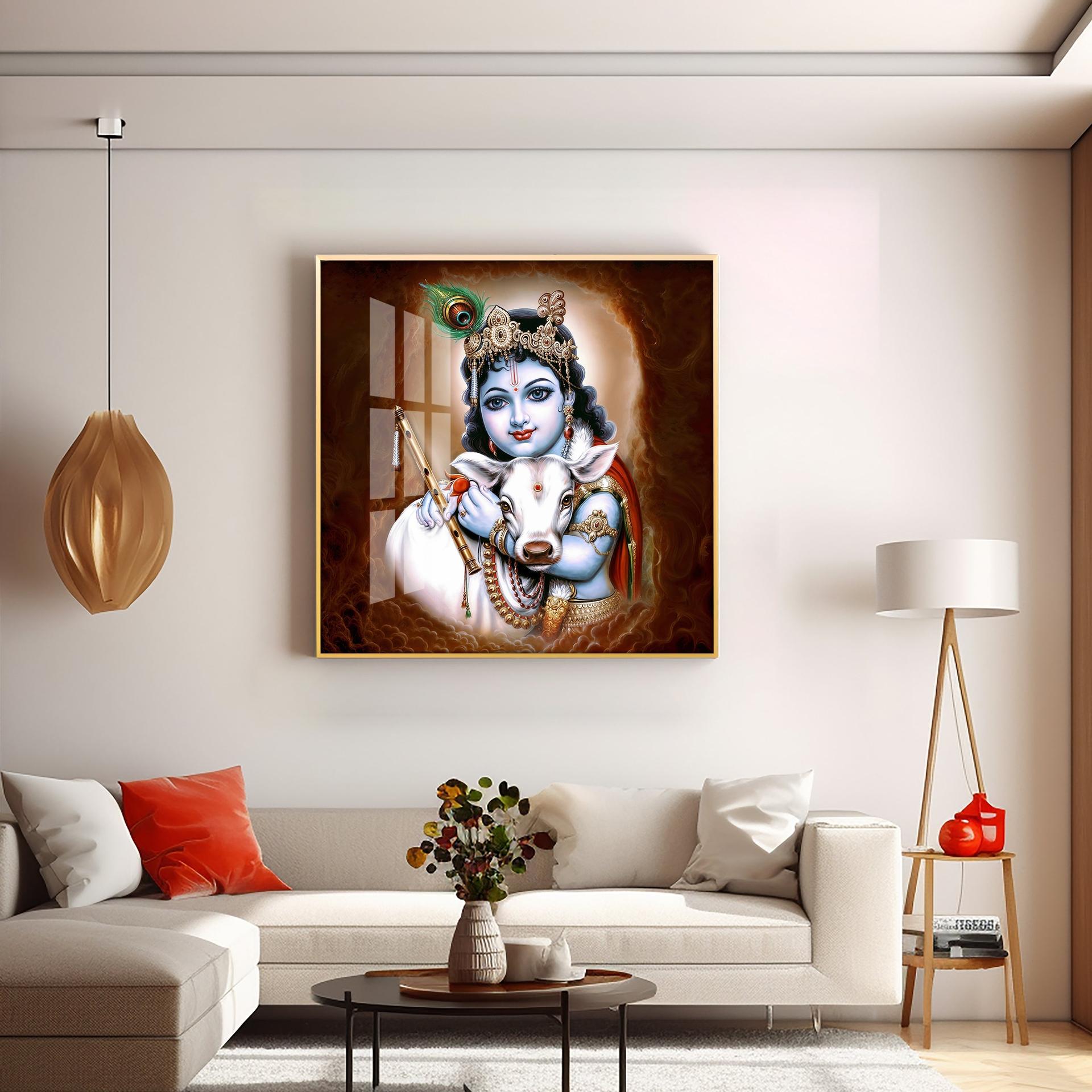 Krishna With Bansuri & Cow Premium Acrylic Horizontal Wall Art - Image 11