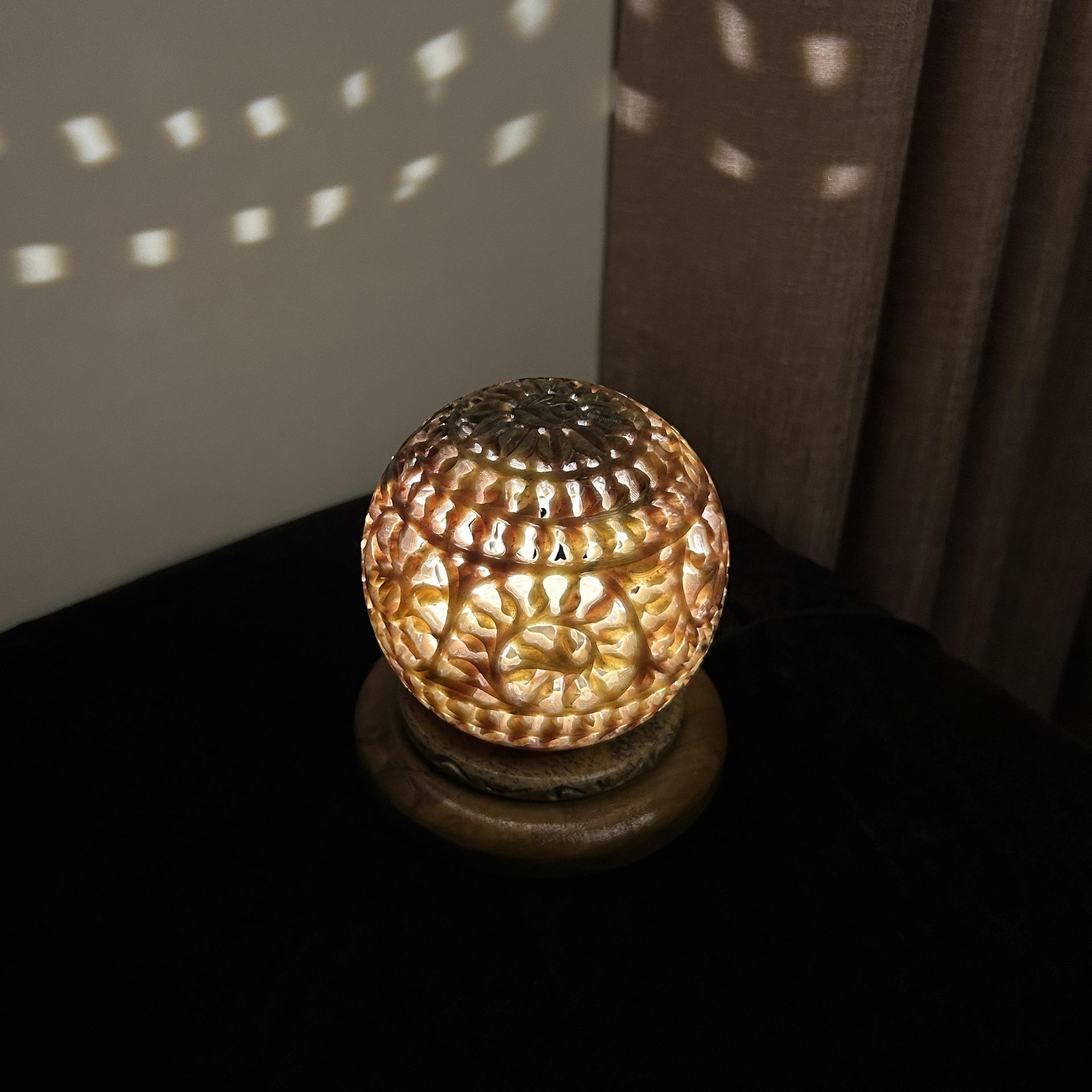Hand-Carved Stone Lamp With Wooden Stand - Image 6