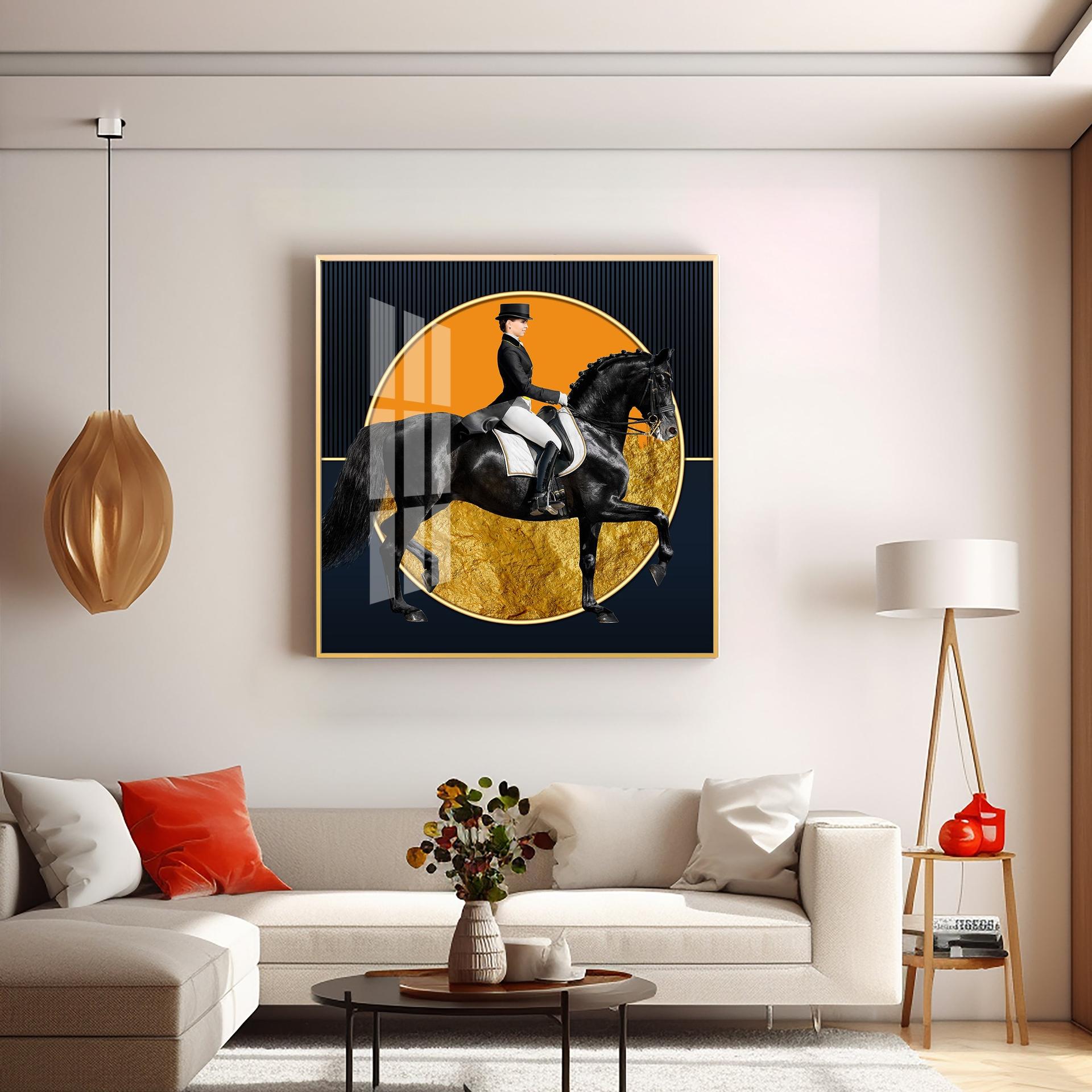 Man Riding On Black Horse Premium Acrylic Square Wall Art - Image 6